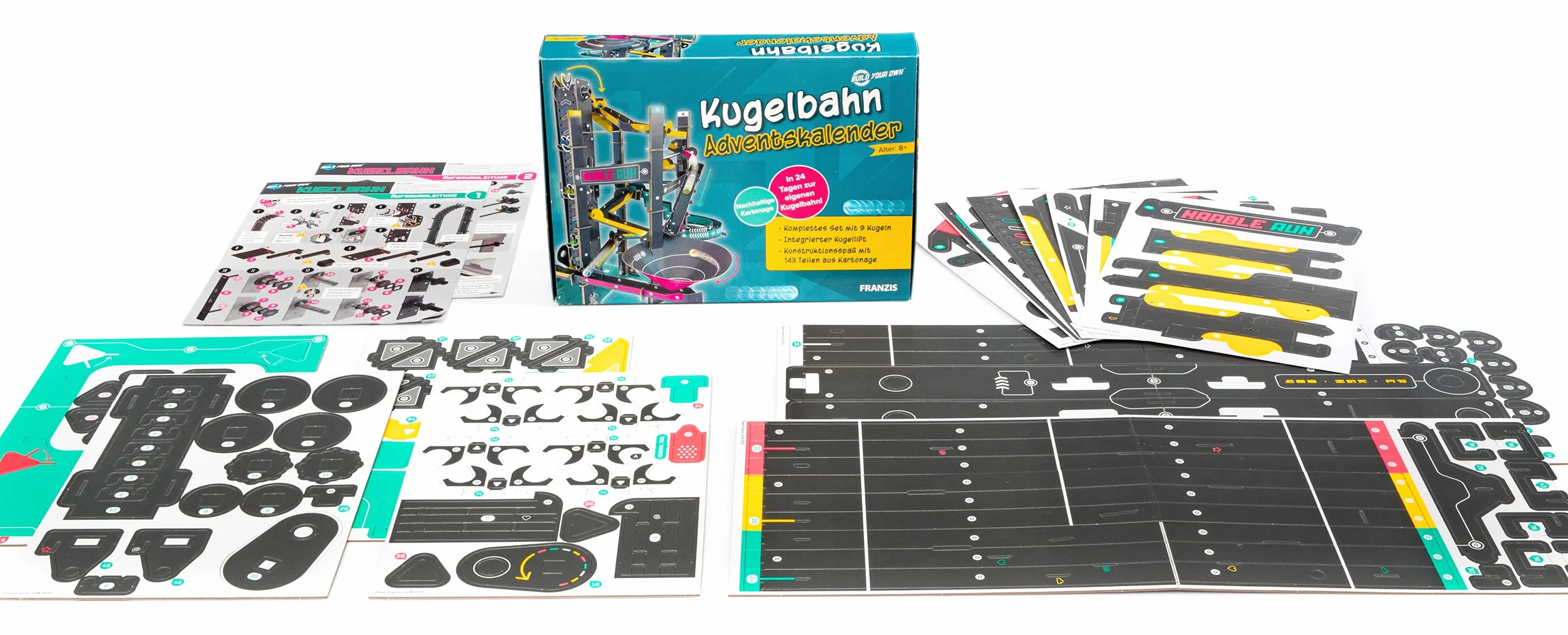 Franzis 67300 Kalendarz adwentowy Marble Run, 24 dni do własnego marmurowego biegu, zestaw do rękodzieła z tektury, bez plastiku, zalecany od 8 lat