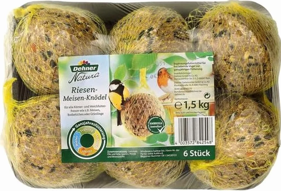 Dehner Natura Premium ogromne kule z siatką, całoroczna karma dla dzikich ptaków, bogata w białko/energię, wysokiej jakości karma dla dzikich ptaków, 6 sztuk po 250 g (1,5 kg)