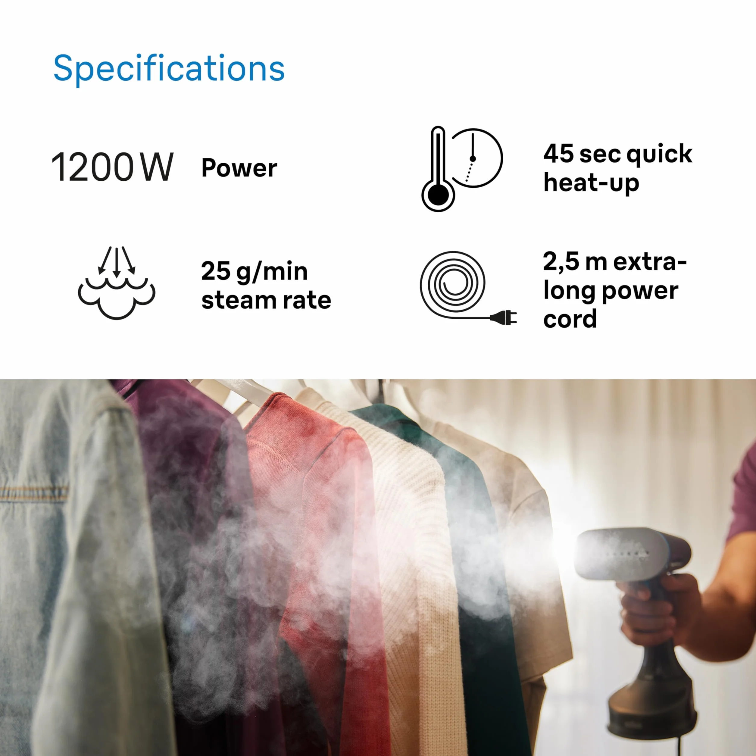 Braun QuickStyle 5 GS5031BL parownica parowa, technologia Dual FreeGlide 3D, technologia FastSteam, para 25 g/min, zbiornik na wodę 150 ml, kabel o długości 2,5 m, gotowy w 45 sekund, 1200 W,