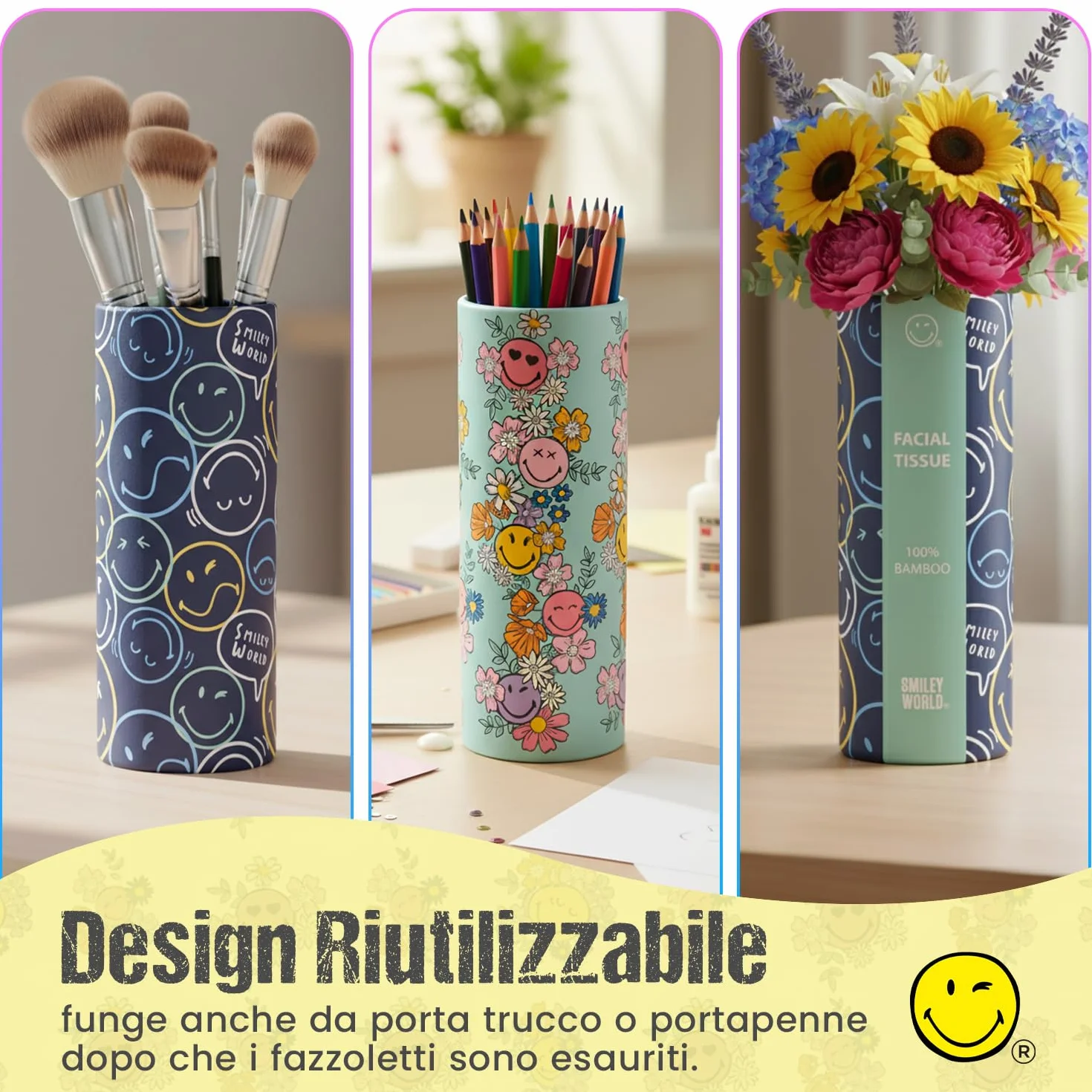 100% bambusowy cylinder na chusteczki - Smiley World Design - przenośny do samochodu, domu, plecaka, fotelika dziecięcego, szkoły - ekologiczne chusteczki biodegradowalne (4)