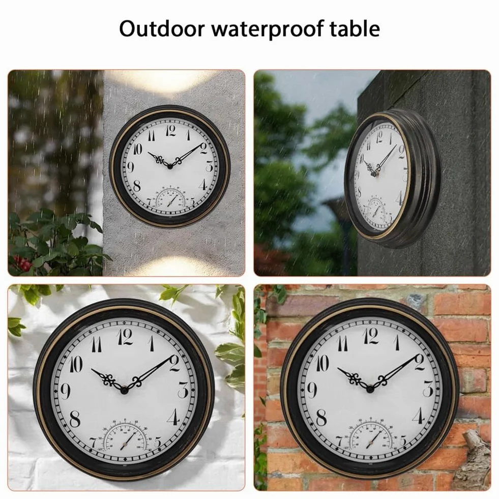 Zewnętrzny wodoodporny zegar ścienny z termometrem IP44 vintage okrągły zegar dekoracyjny ogrodowy 30 cm zegar zewnętrzny