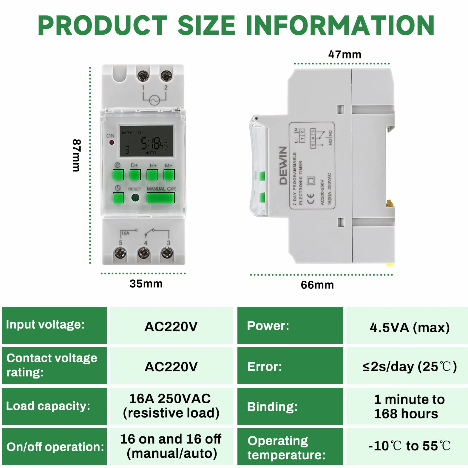 DEWIN Cyfrowy przełącznik czasowy do szyn DIN, cyfrowy przełącznik czasowy, programowalny tygodniowy elektroniczny timer AC 230 V