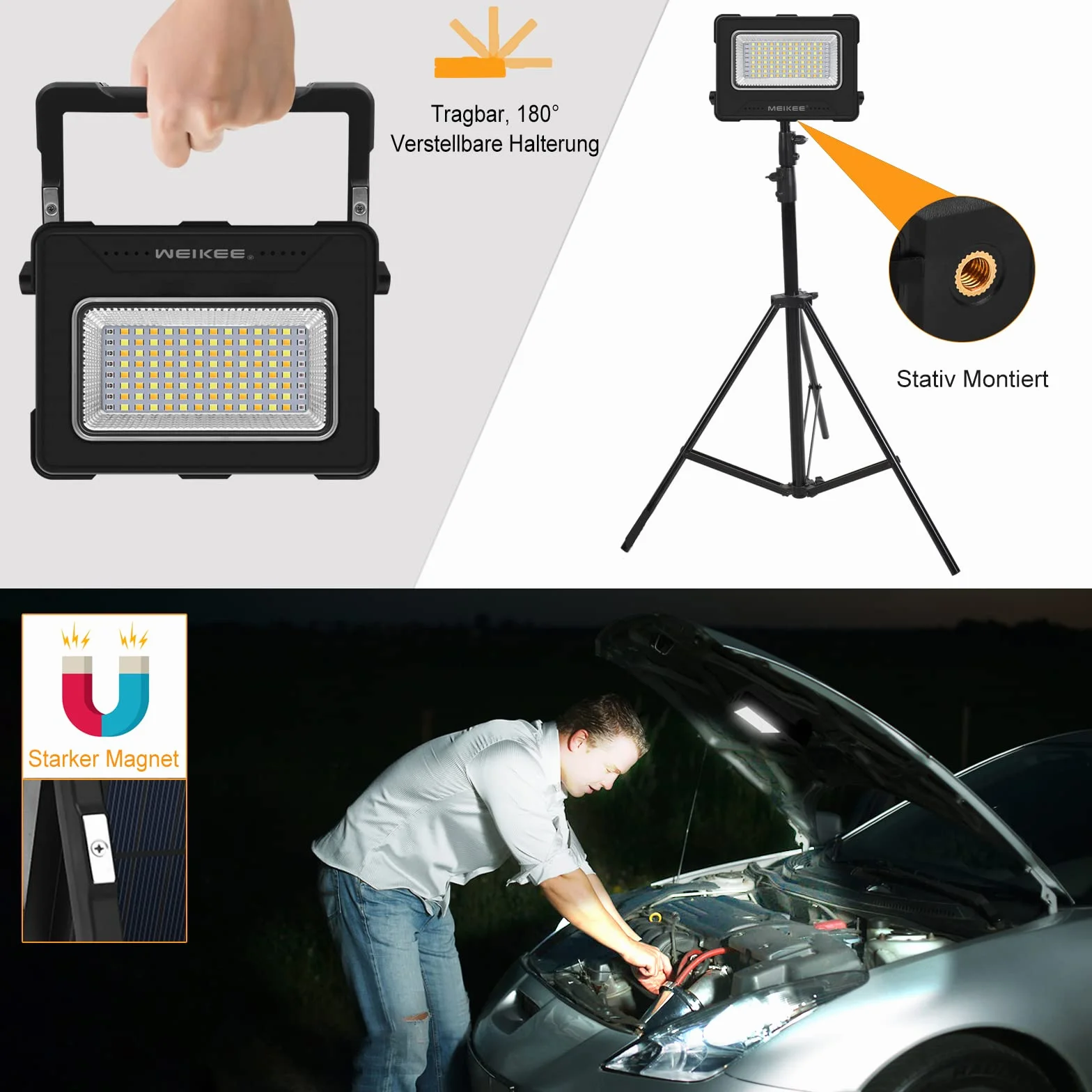 MEIKEE Reflektor budowlany LED 80W, lampa robocza LED 12000mAh, reflektor akumulatorowy, 4 tryby świecenia, lampa kempingowa, przenośna, 5 poziomów jasności, ładowanie solarne i USB, lampa