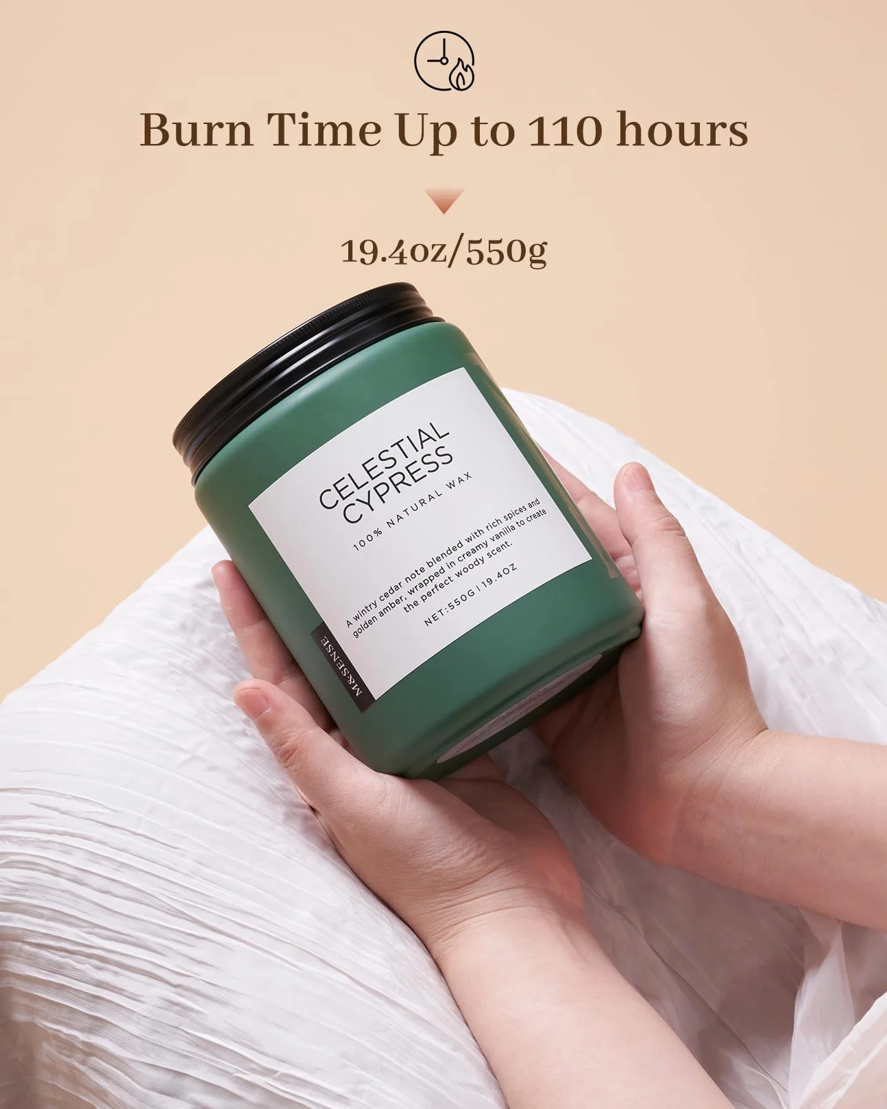 M&SENSE CelestialCypress - Świeca Sojowa Cedr-Kardamon w Szkle (550g, 110h) | 2 Knoty, Intensywny Zapach | Naturalna, Długotrwała | Idealny Prezent i Dekoracja