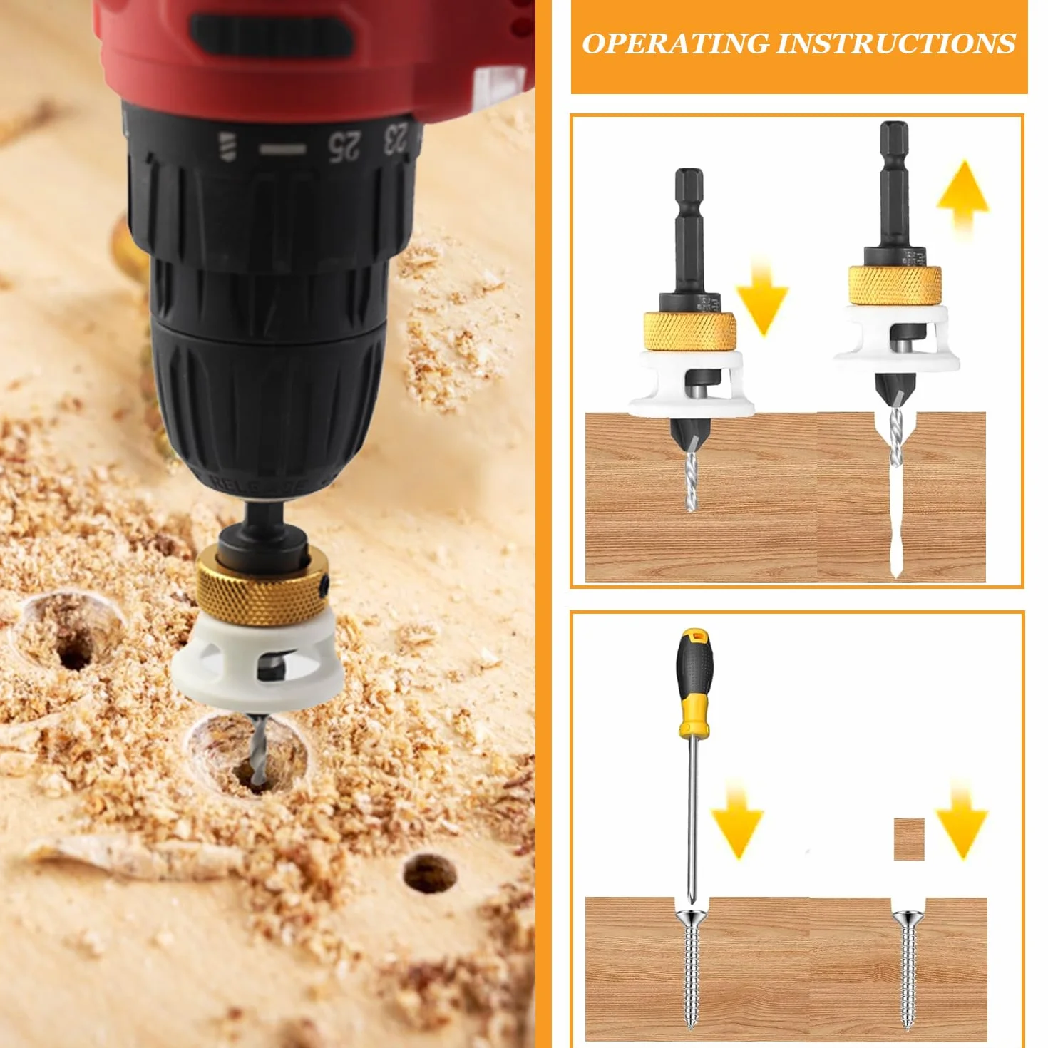 Zestaw Wierteł Stożkowych 6szt, HSS Countersink Drill Bits do Drewna, Profesjonalne Wiertła do Zagłębień z Regulowanym Ogranicznikiem Głębokości z Sześciokątnym Trzonkiem 1/4" do Obróbka Drewna