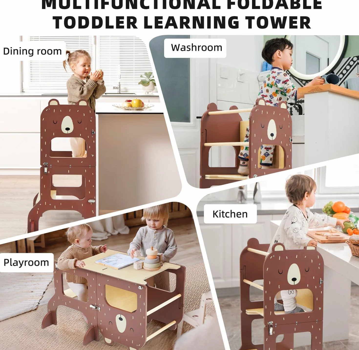 labebe Montessori Learning Tower, składana wieża edukacyjna dla dzieci, 2 w 1, z tablicami informacyjnymi, od 1 roku życia, brązowy niedźwiedź