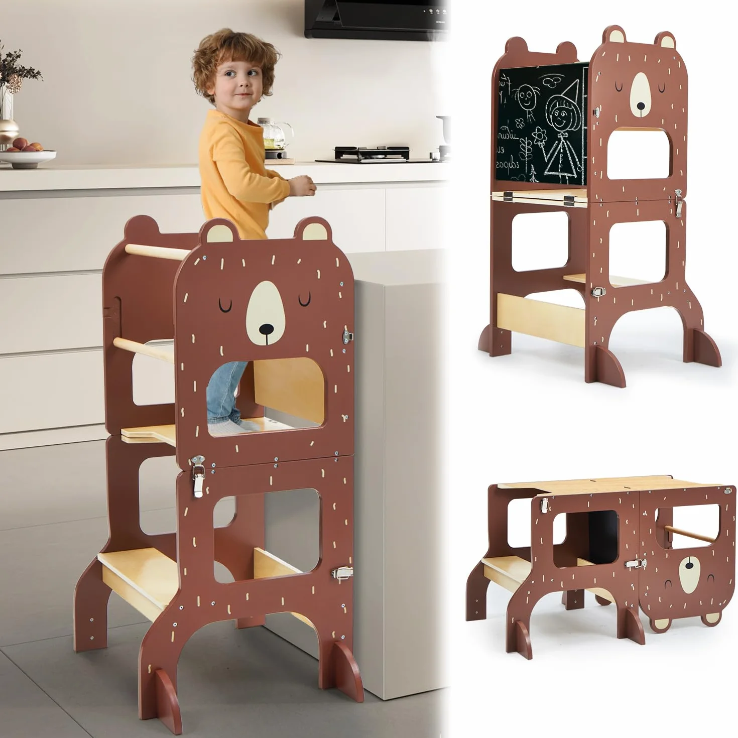 labebe Montessori Learning Tower, składana wieża edukacyjna dla dzieci, 2 w 1, z tablicami informacyjnymi, od 1 roku życia, brązowy niedźwiedź