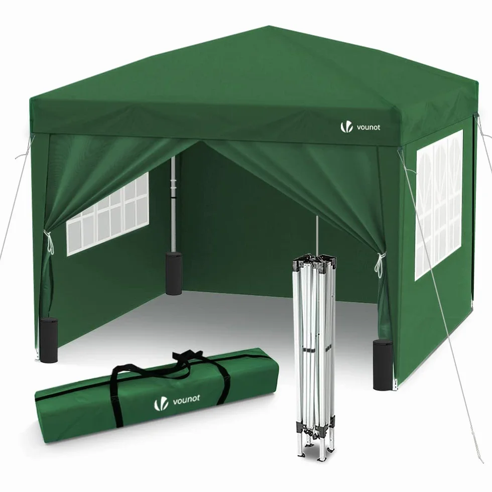 VOUNOT Pawilon ogrodowy, 3 x 3 m, składany, z 4 bokami i 4 workami z piaskiem, składany namiot ogrodowy, na kemping, festiwal, plażę, do ogrodu, wraz z torbą transportową, zielony
