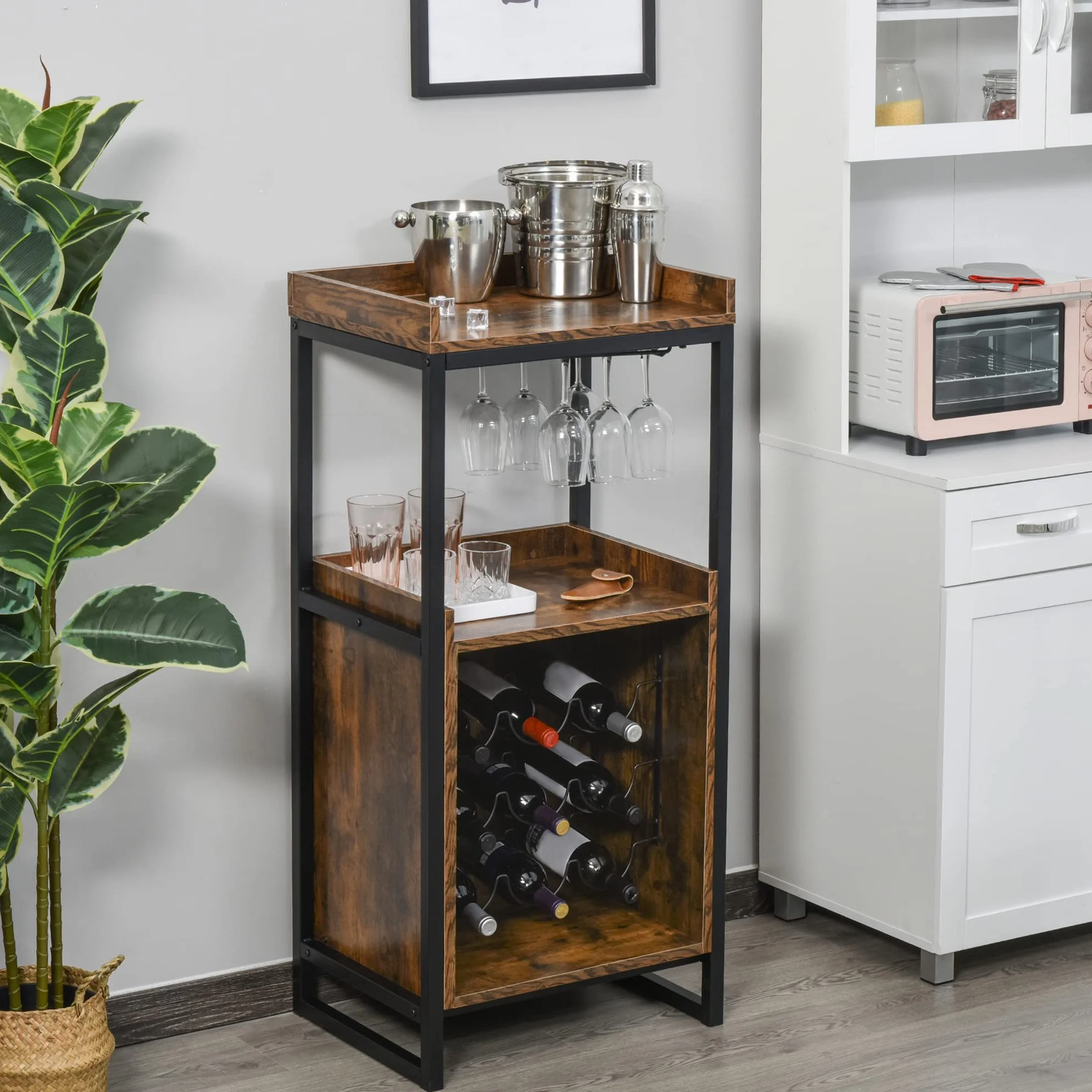 HOMCOM Stojak na wino 9 butelek półka metal czarny wygląd starego drewna