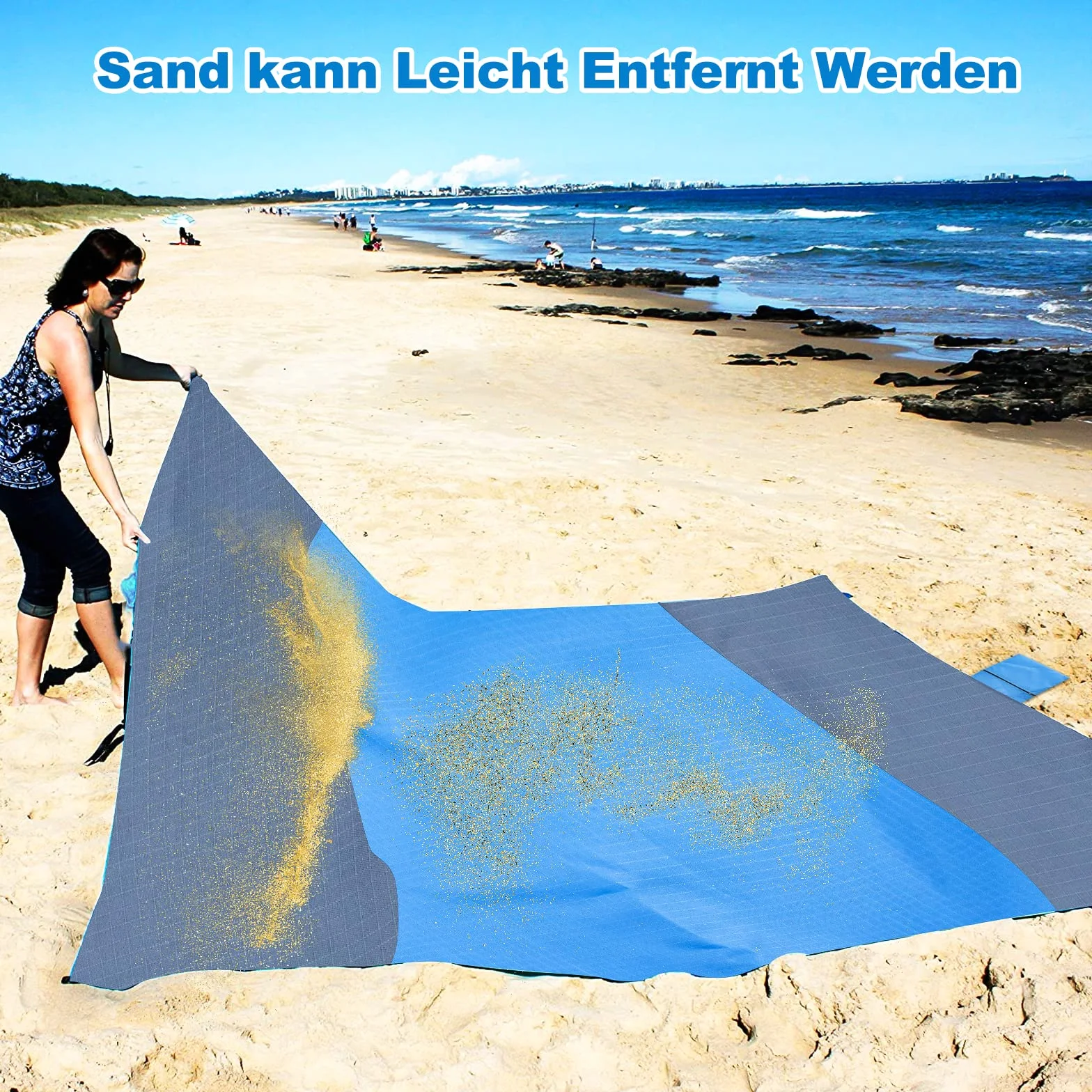 Dijia Koc plażowy bez piasku – 210 x 200 cm, mata plażowa, koc piknikowy, koc kempingowy z 2 kieszeniami na zamek błyskawiczny, przenośny, kompaktowy, na plażę, kemping, wędrówki, z torbą do