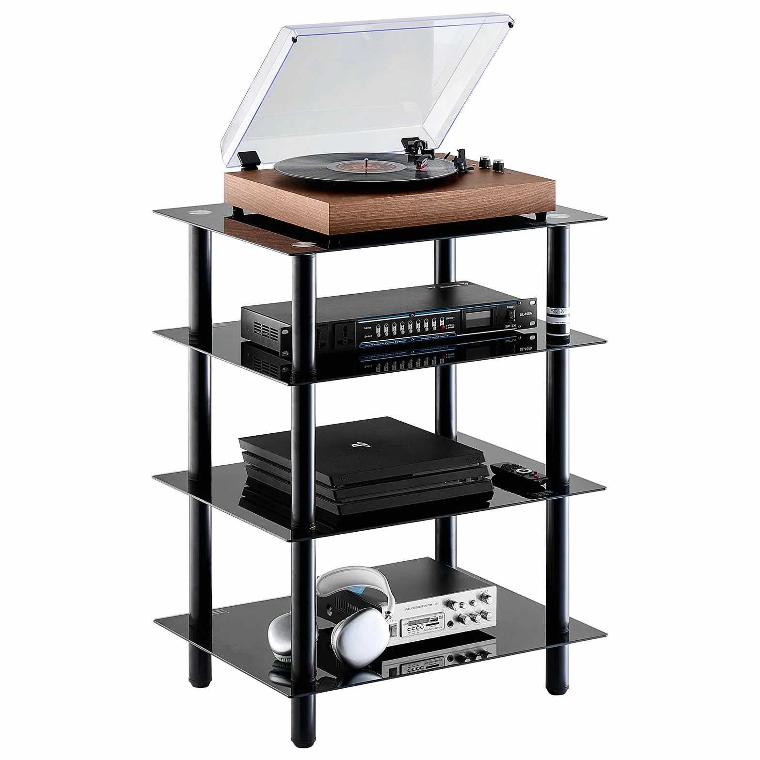VEVOR 4-poziomowa wizualna szafka audio, półka multimedialna ze szkła hartowanego, stojak HiFi z diodami LED do obudów DVD, kabli/konsol do gier, szafka do przechowywania pokoju gier/nagrywania
