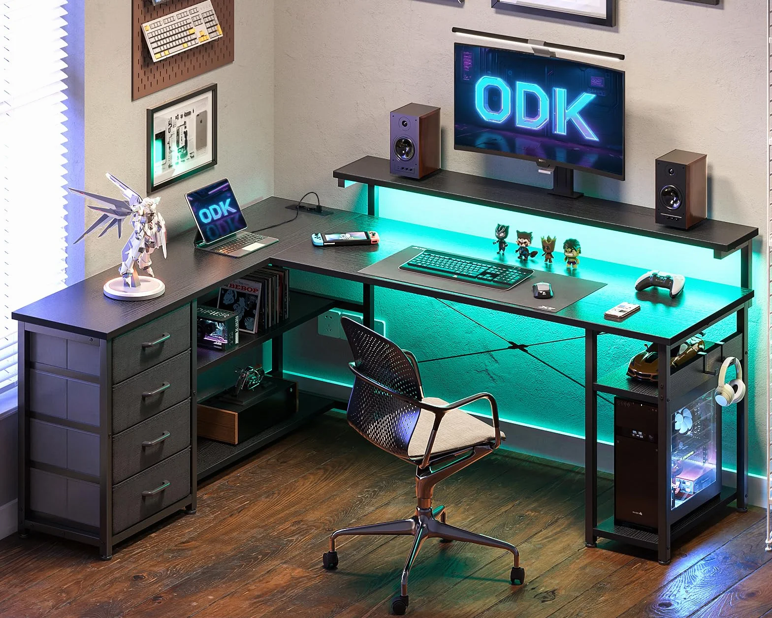ODK Dwustronne Biurko Narożne z Szufladami, L-kształtny Stół Roboczy z 2 Gniazdami i 2 Portami USB oraz Oświetleniem LED, do Domowego Biura (155×110cm, Czarny)