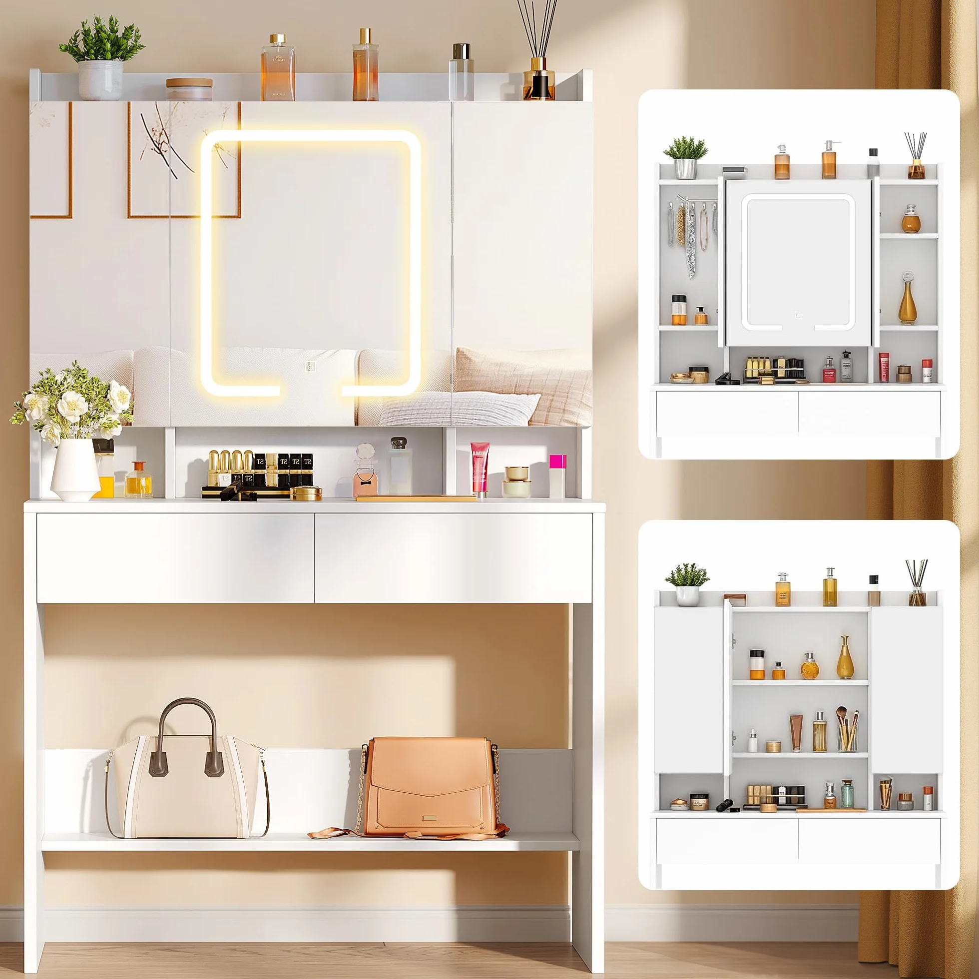 YITAHOME Toaletka z oświetleniem LED, toaletka z lustrem, 3 kolory z regulacją jasności, toaletka z lustrem, regulowane półki, 2 szuflady nowoczesna (biała)