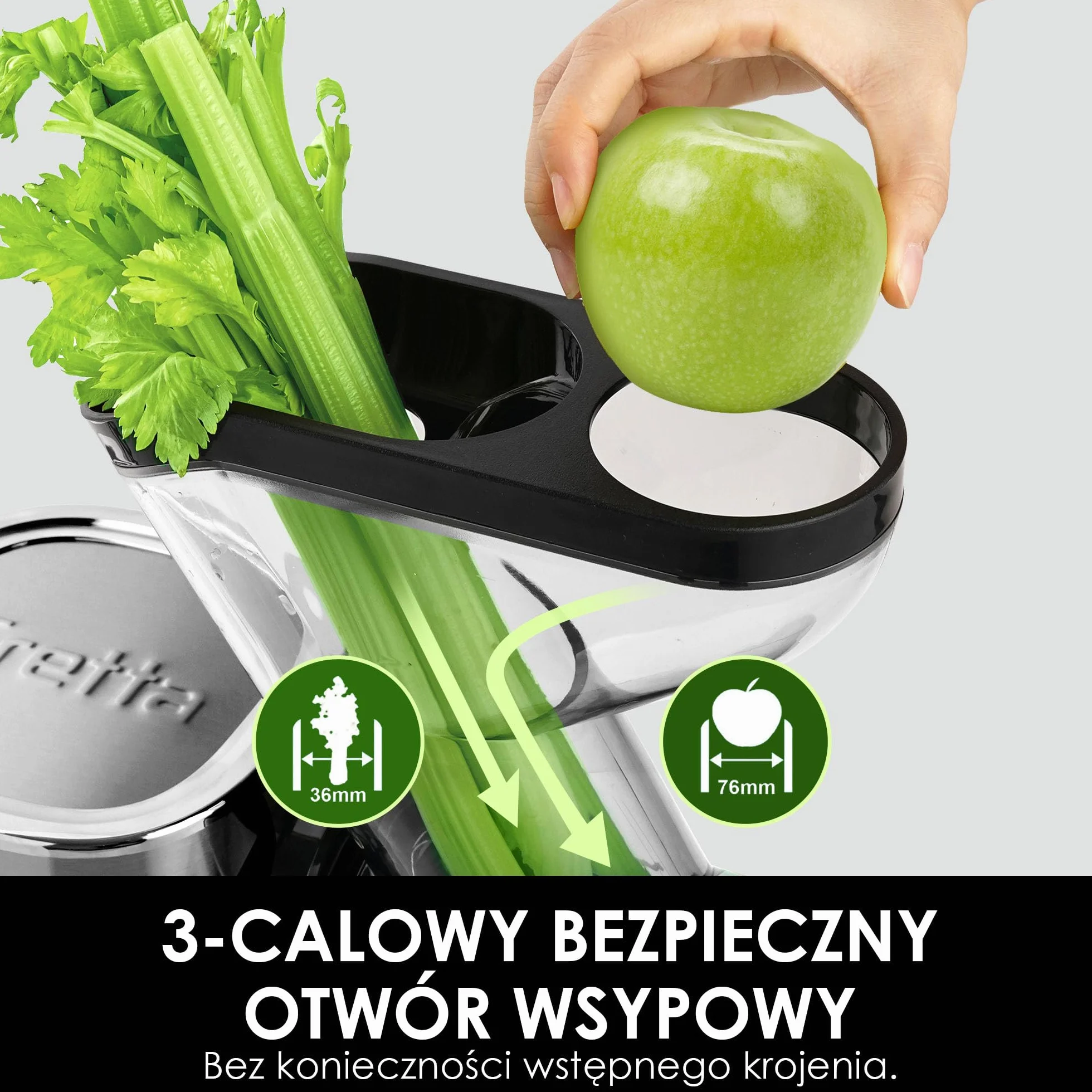Fretta Wyciskarka Wolnoobrotowa Cold Press Stal Nierdzewna 200W Szeroki Otwór 76mm Bez BPA