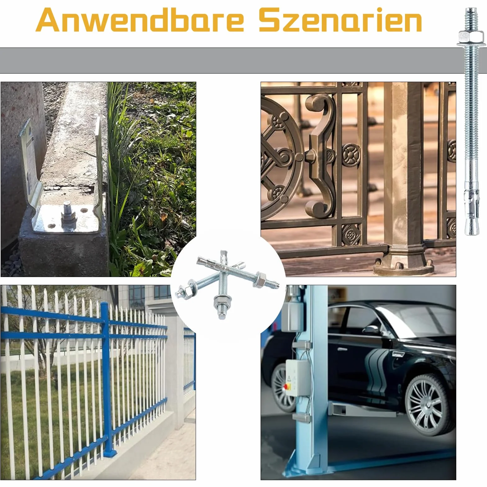 Kotwa M10 do dużych obciążeń, z ocynkowanego metalu, do balustrady, okna, ściany osłonowej, maszyn, belek, M10 x 90 mm, 12 szt