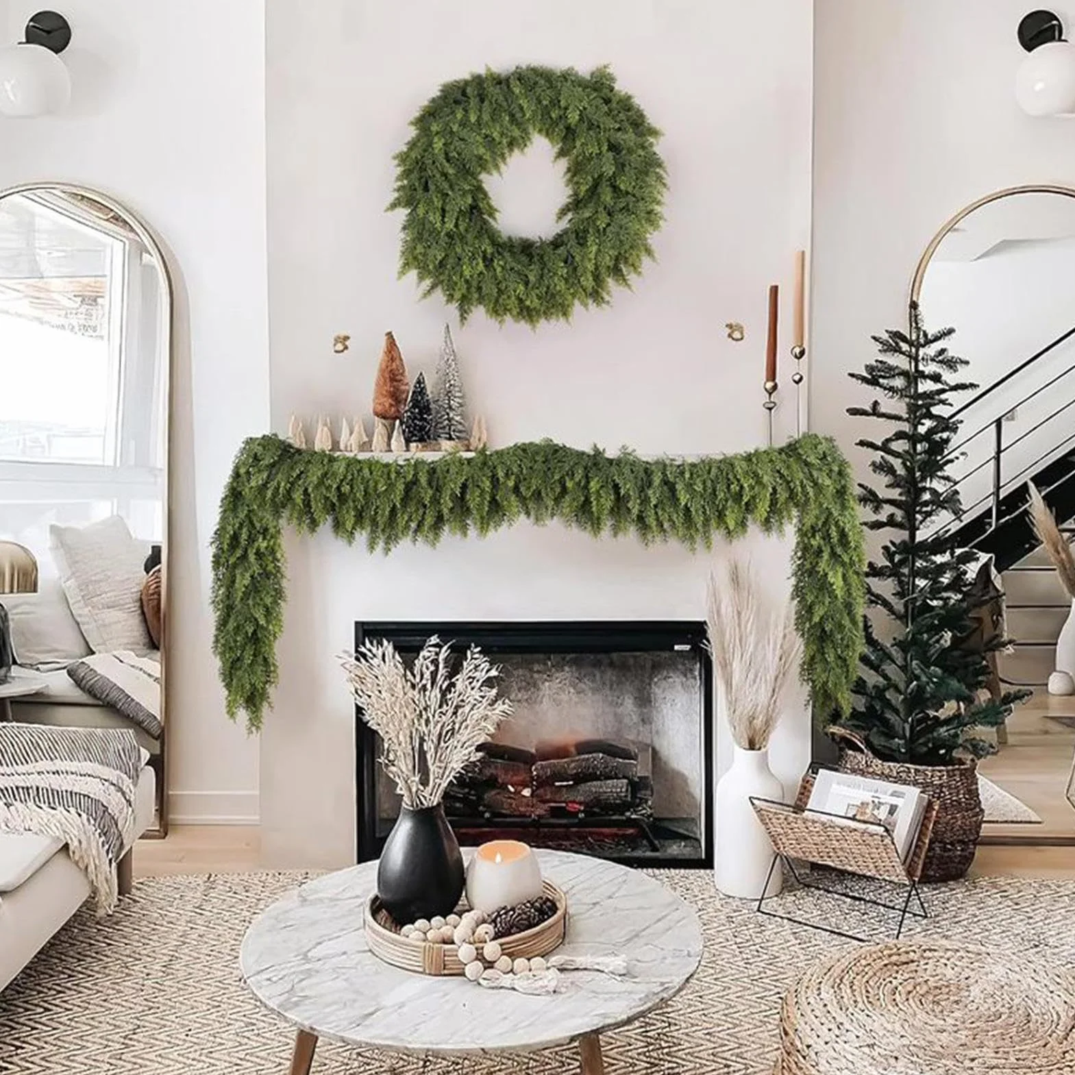 Świąteczna girlanda cedrowa, elastyczna konstrukcja, 1,8 m, Cedar Holiday Garland, realistyczna winorośl zieleni, odporna na kurz, do kominków okienne ramy schodowe stół Mantel