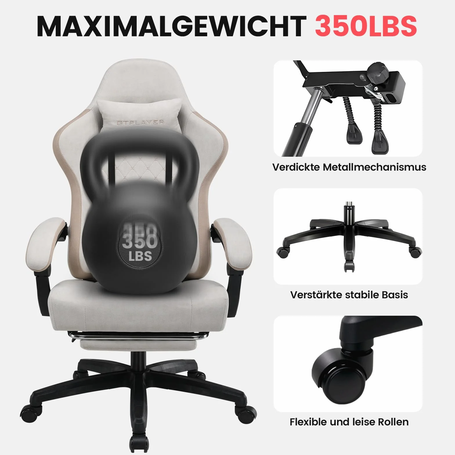 GTPLAYER Fotel gamingowy z materiału, fotel gamingowy z poduszką ze sprężynami kieszeniowymi, ergonomiczne krzesło obrotowe, krzesło dla graczy z podnóżkiem, obciążenie 150 kg, beżowy