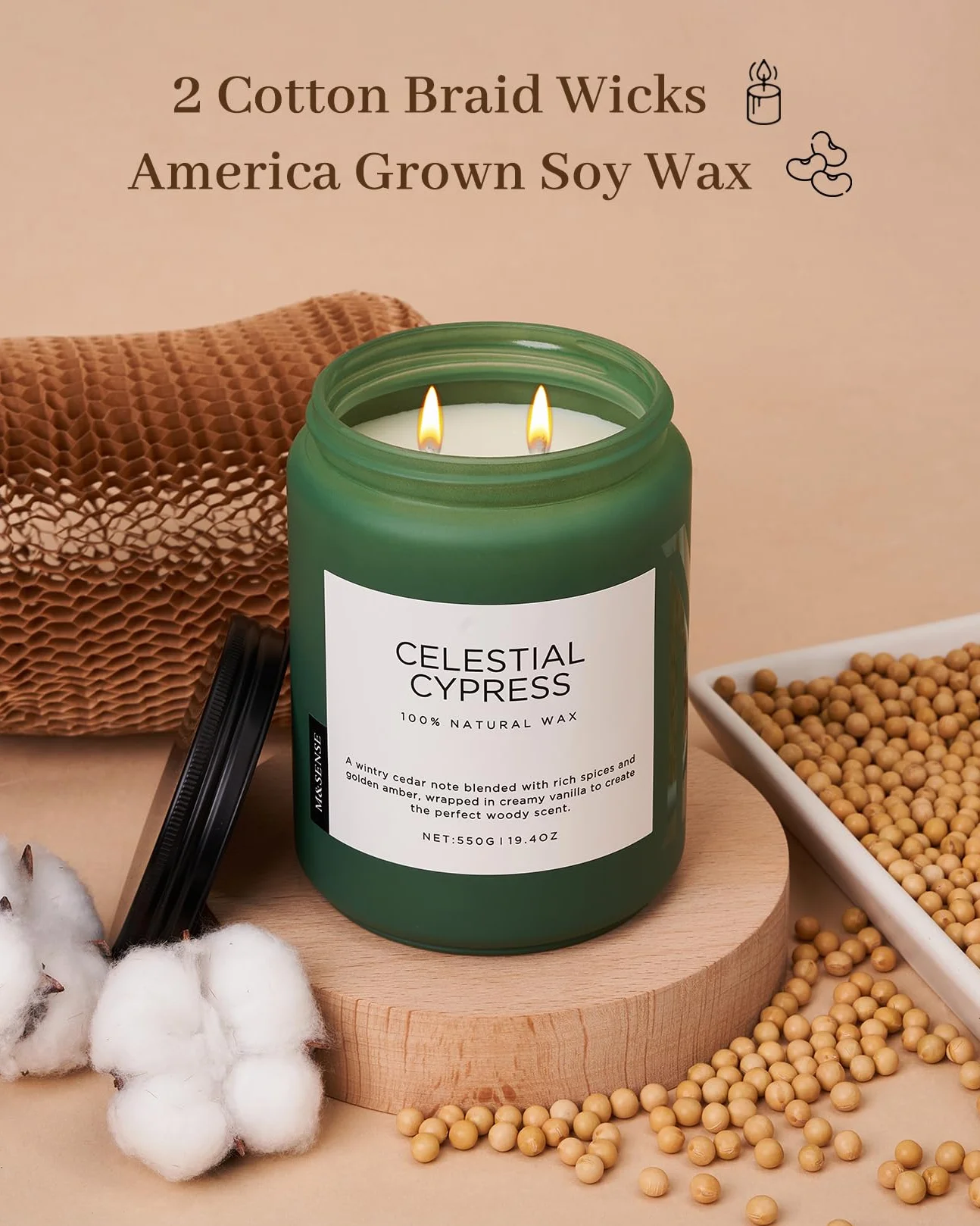 M&SENSE CelestialCypress - Świeca Sojowa Cedr-Kardamon w Szkle (550g, 110h) | 2 Knoty, Intensywny Zapach | Naturalna, Długotrwała | Idealny Prezent i Dekoracja