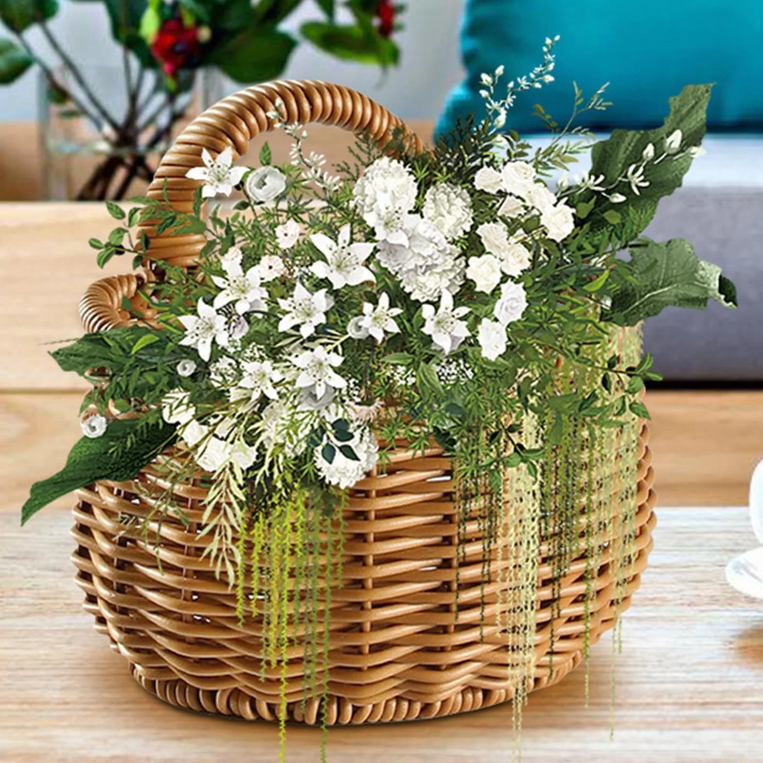 Rattan wisz?cy koszyk, koszyk kwiatowy, przechowywanie wiklinowe, stylowy design rattan multi funkcjonalne roztwór do przechowywania ?atwych monta?