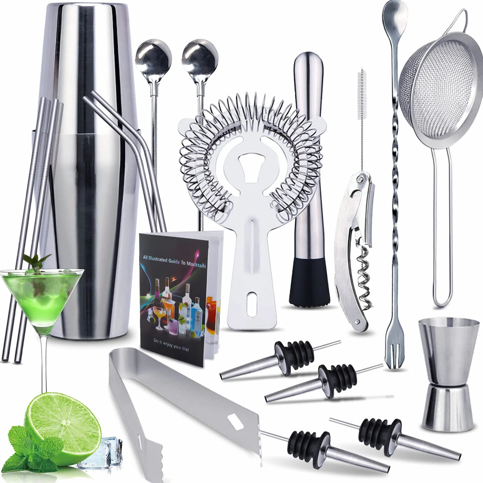 Shaker do koktajli ze stali nierdzewnej, 750 ml/600 ml, profesjonalny zestaw, 20-częściowy zestaw shakerów do koktajli, zestaw barmański z akcesoriami, zestaw prezentowy, narzędzie barowe, z