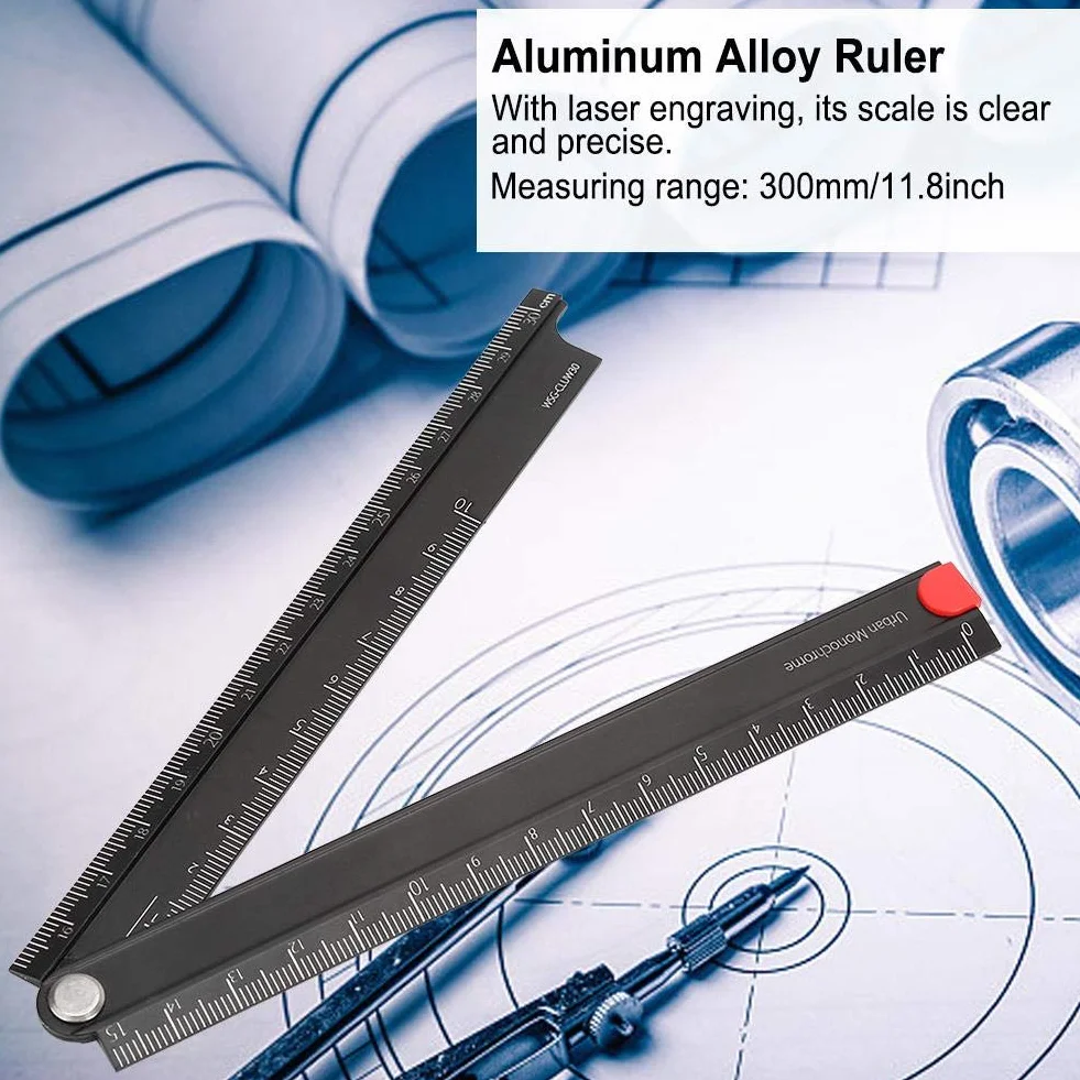 1 linijka ze stopu aluminium, linijka 0-300 mm, składana metalowa linijka do pisania pod kątem 90°, typ L, miarka (kąt 90°)