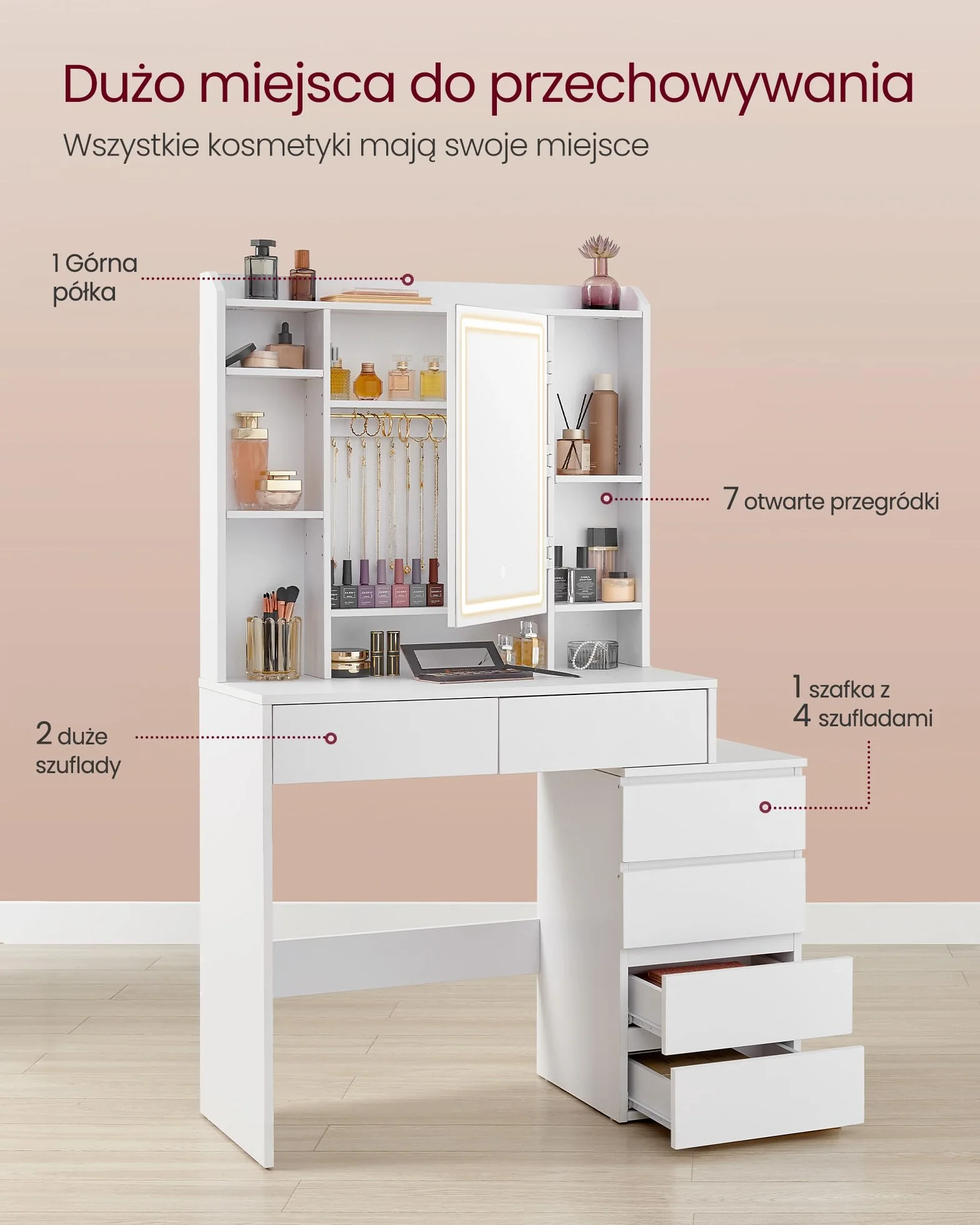 VASAGLE Kolekcja KAILYN – Toaletka z oświetleniem LED, 3 regulowane barwy światła, toaletka z lustrem, szuflady, otwarte przegródki, z taboretem, regulowane półki, kolor biały chmurowy RDT125WB01