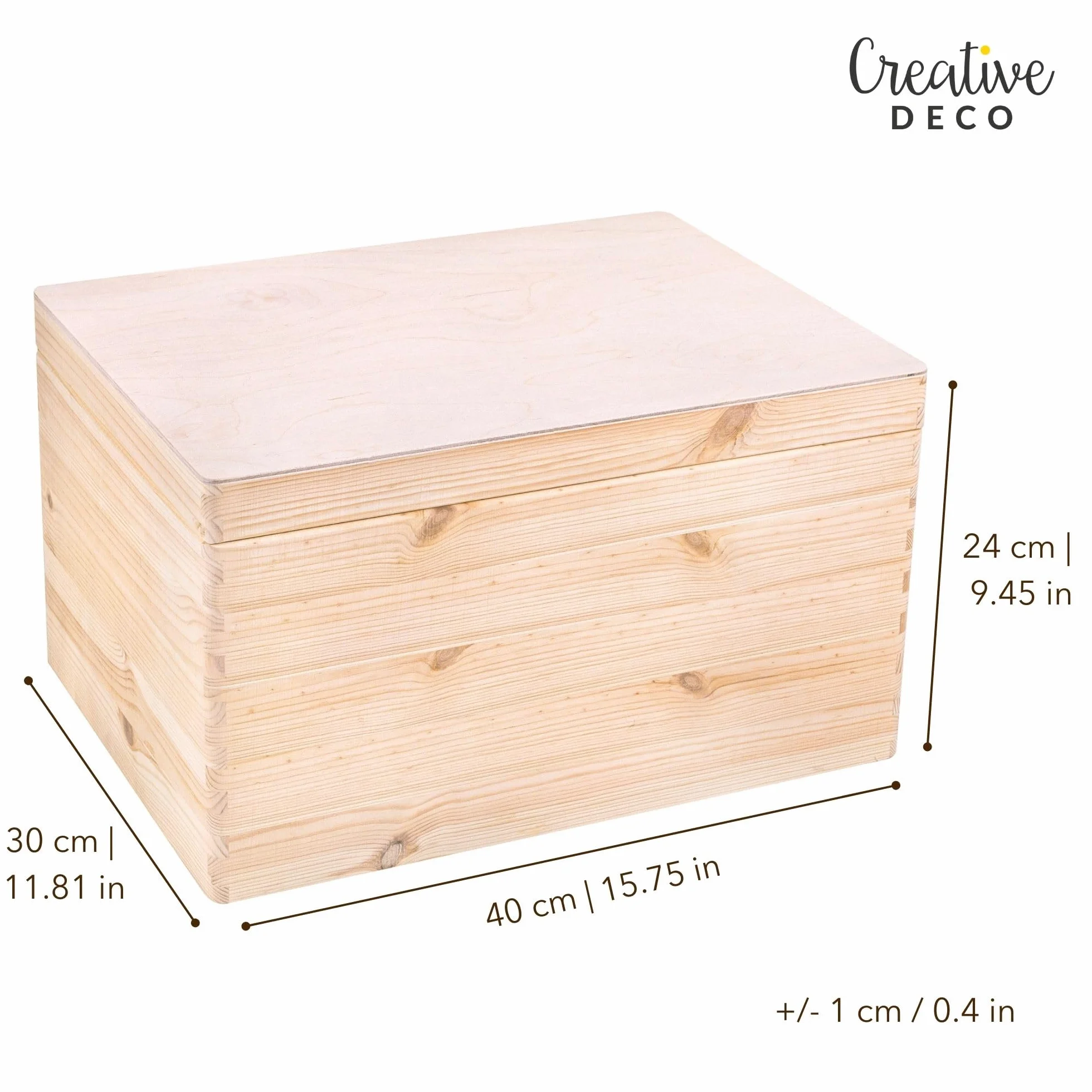 Creative Deco XXL Duże Drewniane Pudełko z Pokrywą do Dekoracji | 40 x 30 x 24 cm (+/- 1 cm) | Bez Uchwytów | Niemalowana Skrzynia z Drewna na Wielkanoc, Zabawki, Narzędzia | SUROWE i NIEOSZLIFOWANE