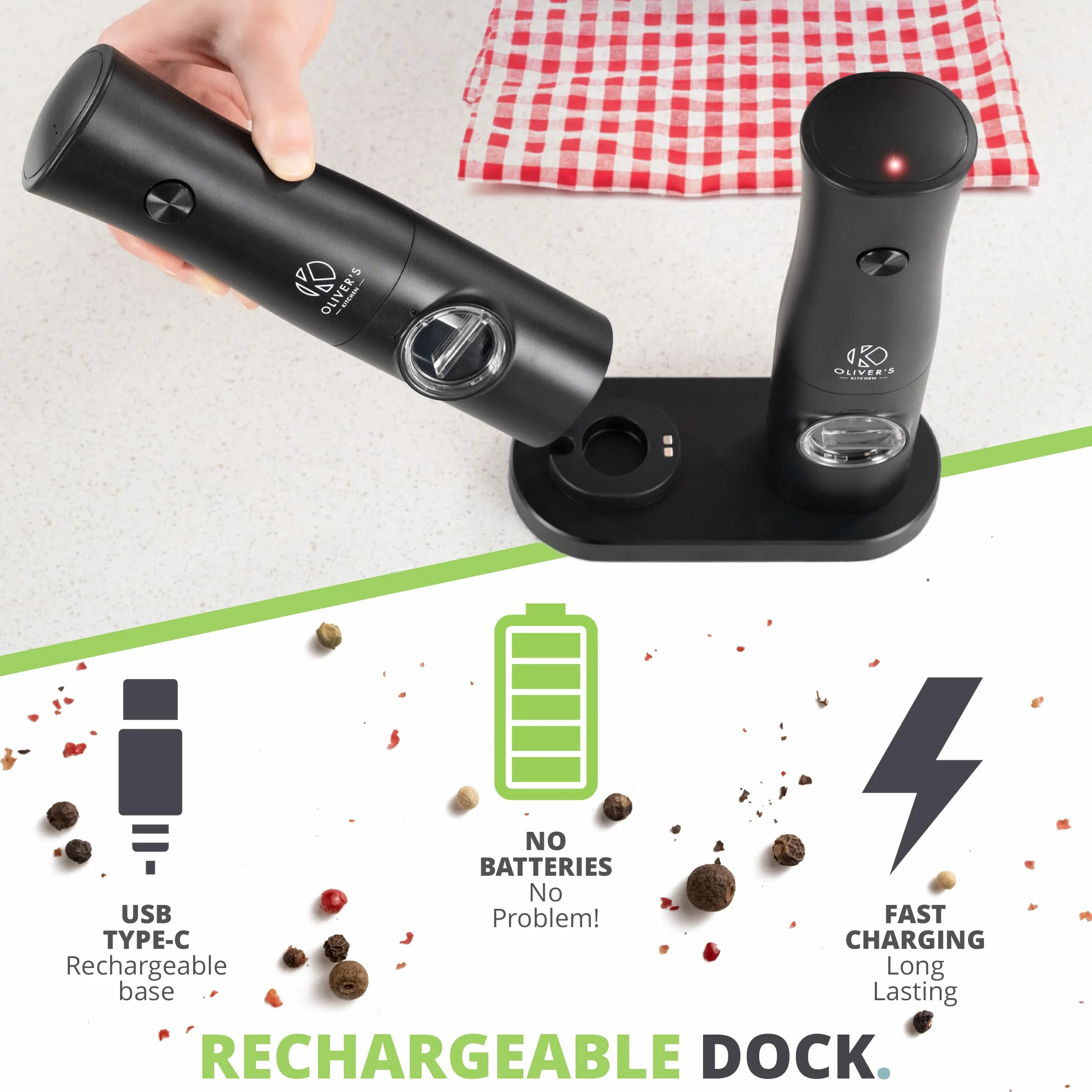 Oliver's Kitchen ® Elektryczne młynki do soli i pieprzu premium - ładowalne (Black)