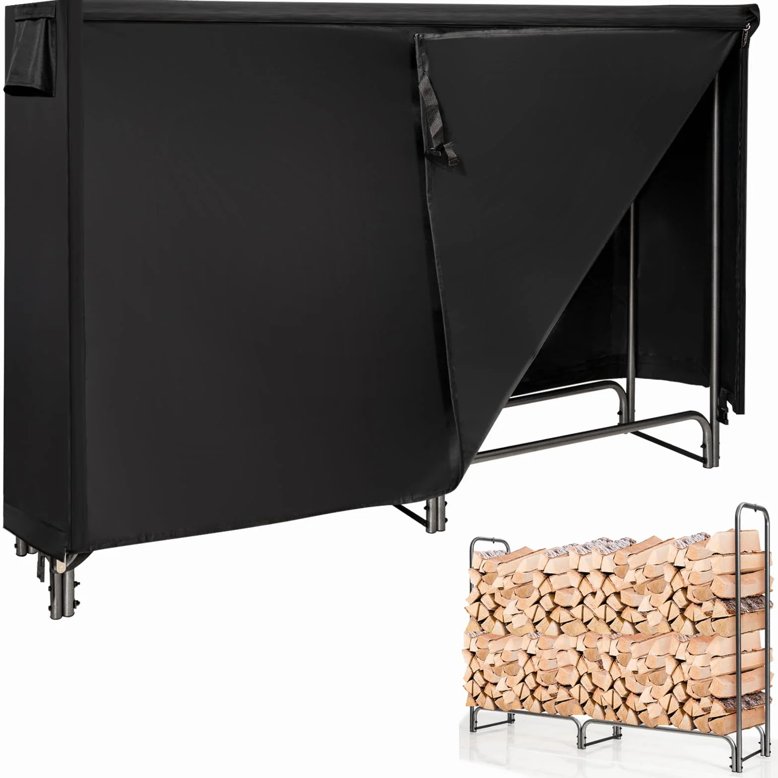 COSTWAY Metalowy regał na drewno kominkowe, 184 x 35,5 x 122,5 cm, regał na drewno opałowe z wodoodporną osłoną, stojak na drewno kominkowe, regał na drewno opałowe do użytku na zewnątrz