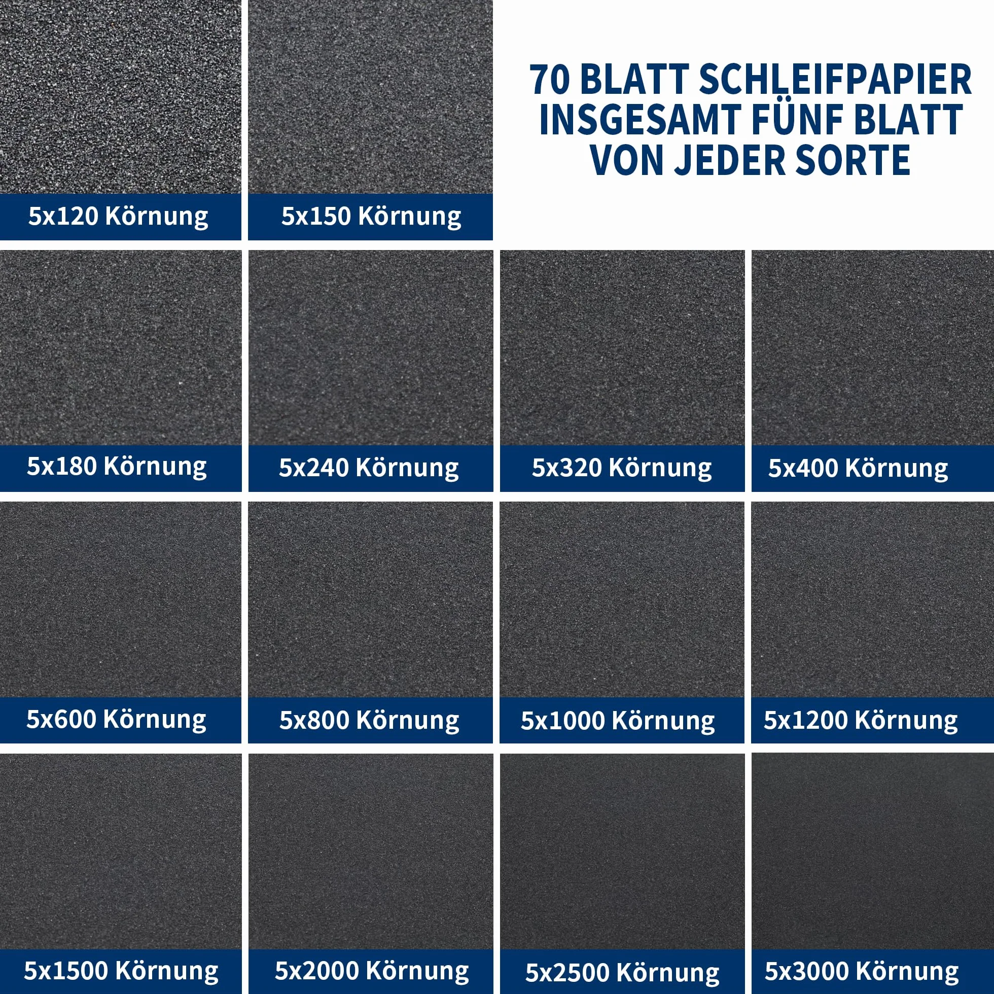 Zestaw 70 arkuszy papieru ściernego, 23 x 9 cm, ziarnistość 120, 150, 180, 240, 320, 400, 600, 800, 1000, 1200, 1500, 2000, 2500, 3000, do polerowania drewna, karoserii samochodów, metalu i ścian