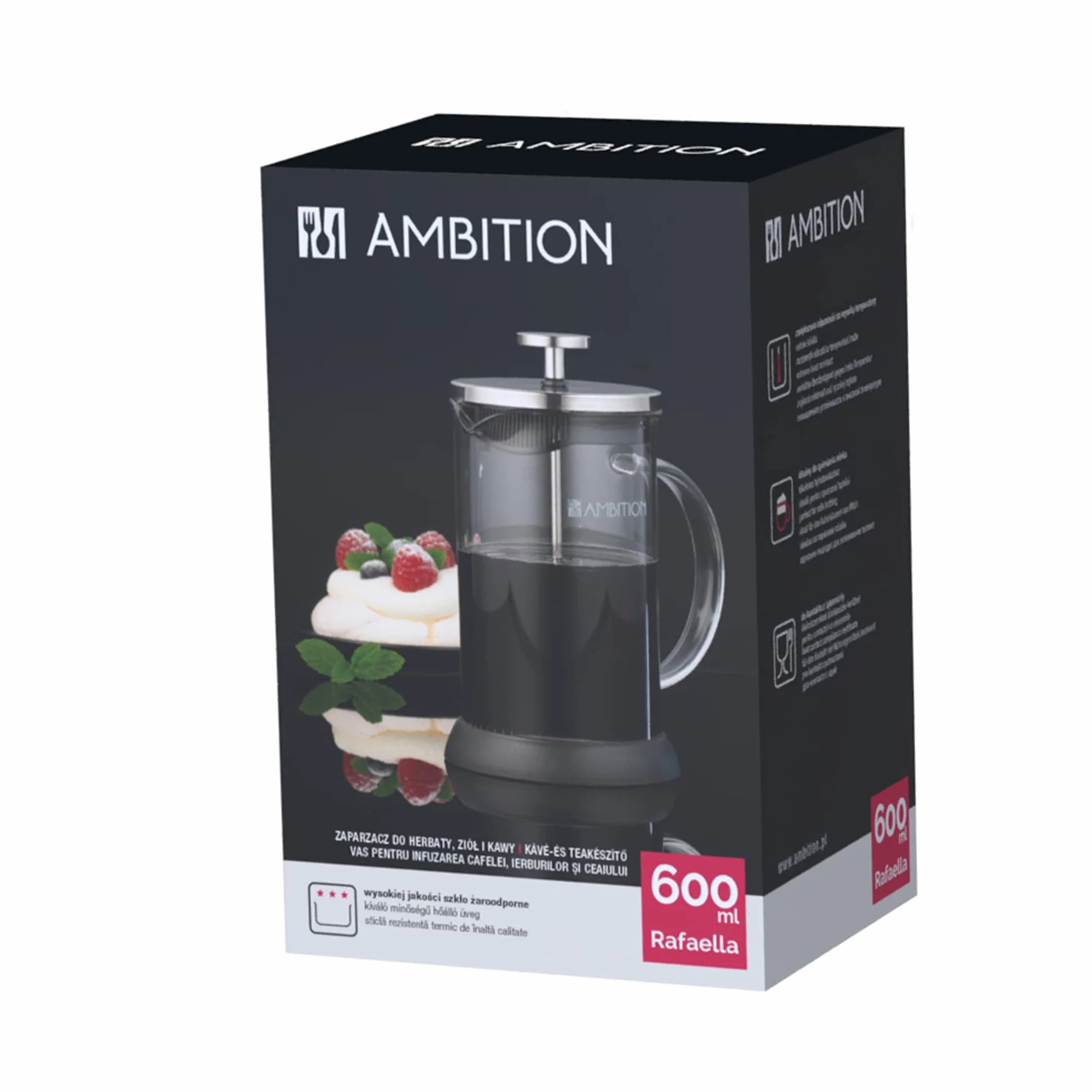 AMBITION French Press zaparzacz do kawy 600 ml szkło borokrzemowe sitko ze stali nierdzewnej