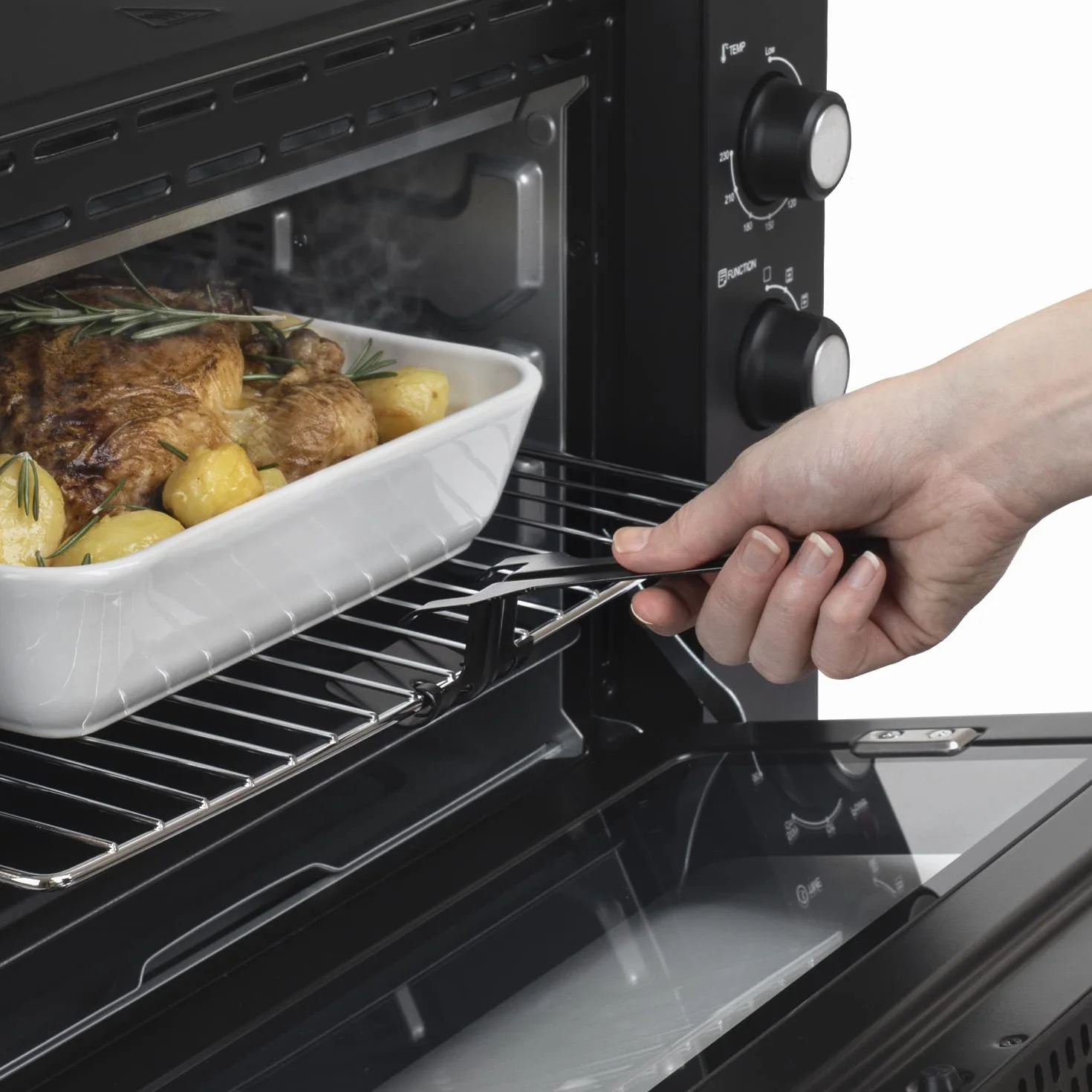 Kompaktowy mini piekarnik FO42 H.Koenig, pojemność 42L, temperatura do 230°C, 5 trybów gotowania, timer do 90 min, ciepło obrotowe/pieczone, z szczypcami, podnośnikiem okruchów i gramofonem, 2000 W