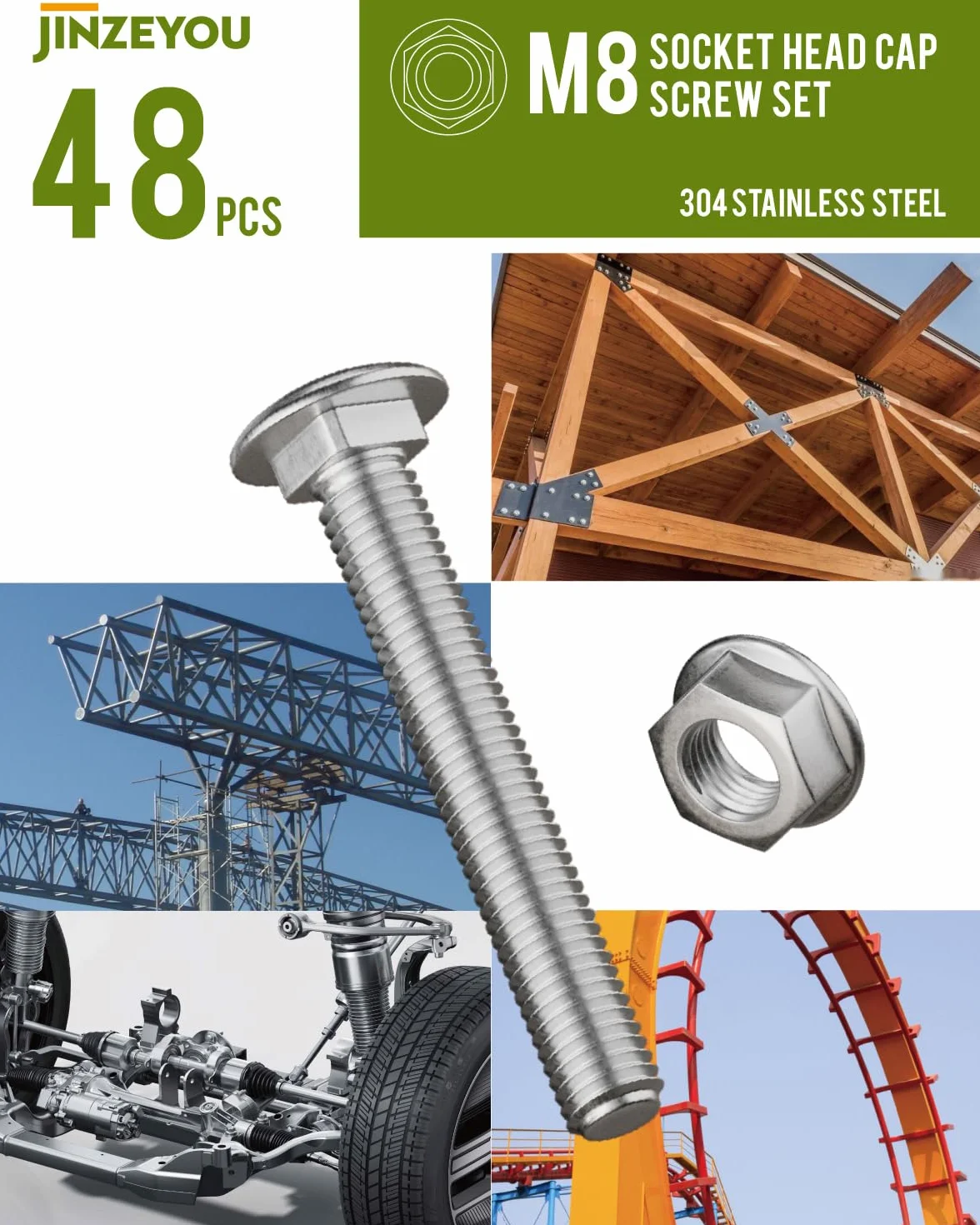 48 sztuk śrub zamkowych M8 x 60 mm, śruby do bramy ze stali nierdzewnej z sześciokątnymi nakrętkami kołnierzowymi, śruby z łbem płaskim, okrągłym z nasadką czworokątną, płaskie, okrągłe śruby do zamka
