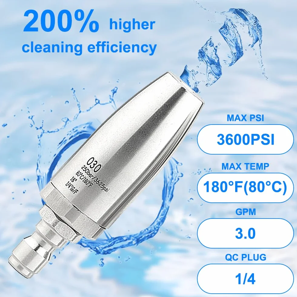 Dysza turbo ze stali nierdzewnej 3600 PSI do myjki ciśnieniowej, obracająca się o 360° dysza myjki ciśnieniowej z szybkozłączką 1/10.2 cm, 7 końcówek dysz z uchwytem na dyszę, ciepła i zimna