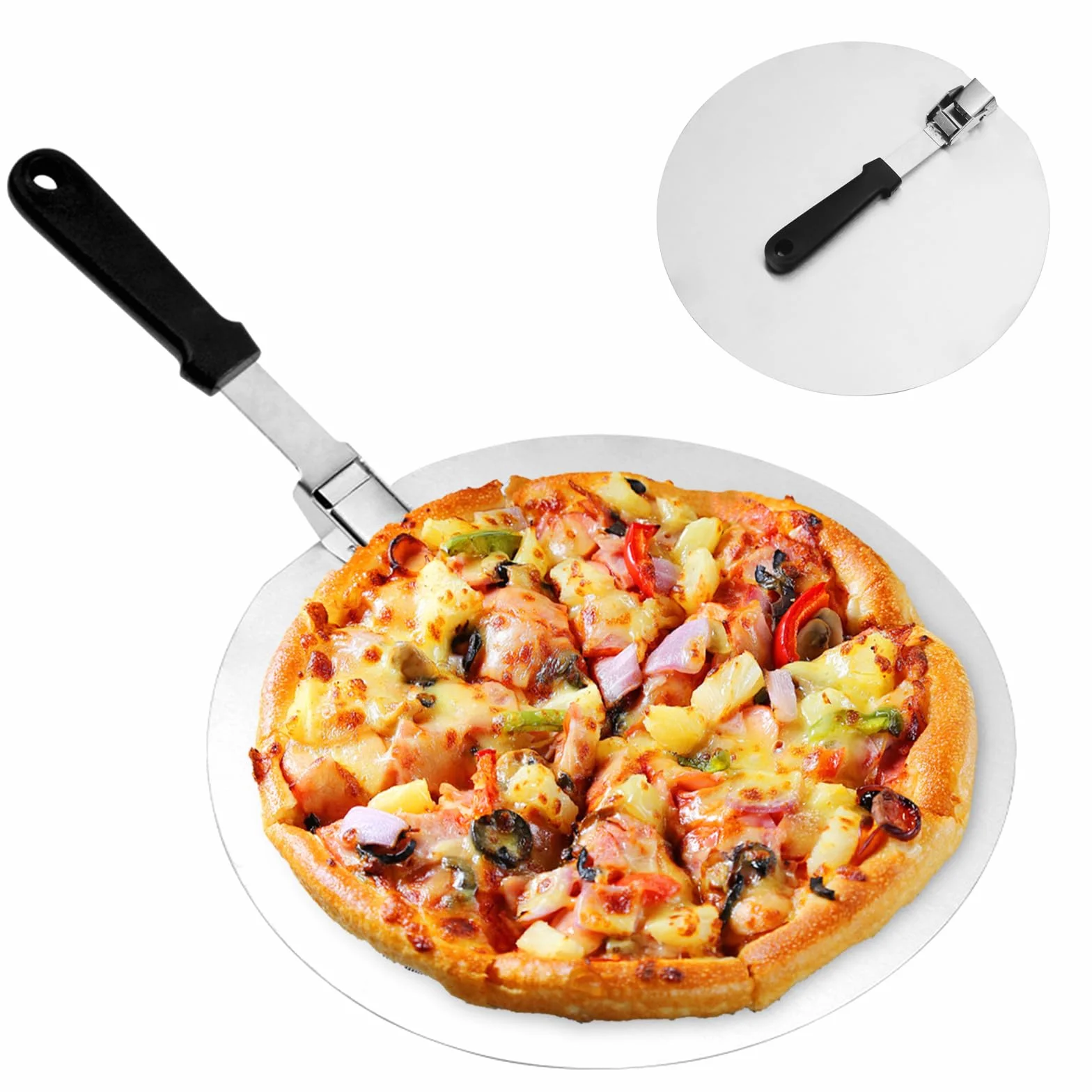 Łopatka do pizzy ze stali nierdzewnej, do grilla lub piekarnika, z praktycznym składanym uchwytem, okrągła łopatka do pizzy, 30,5 x 25,5 cm, do tarty i chleba