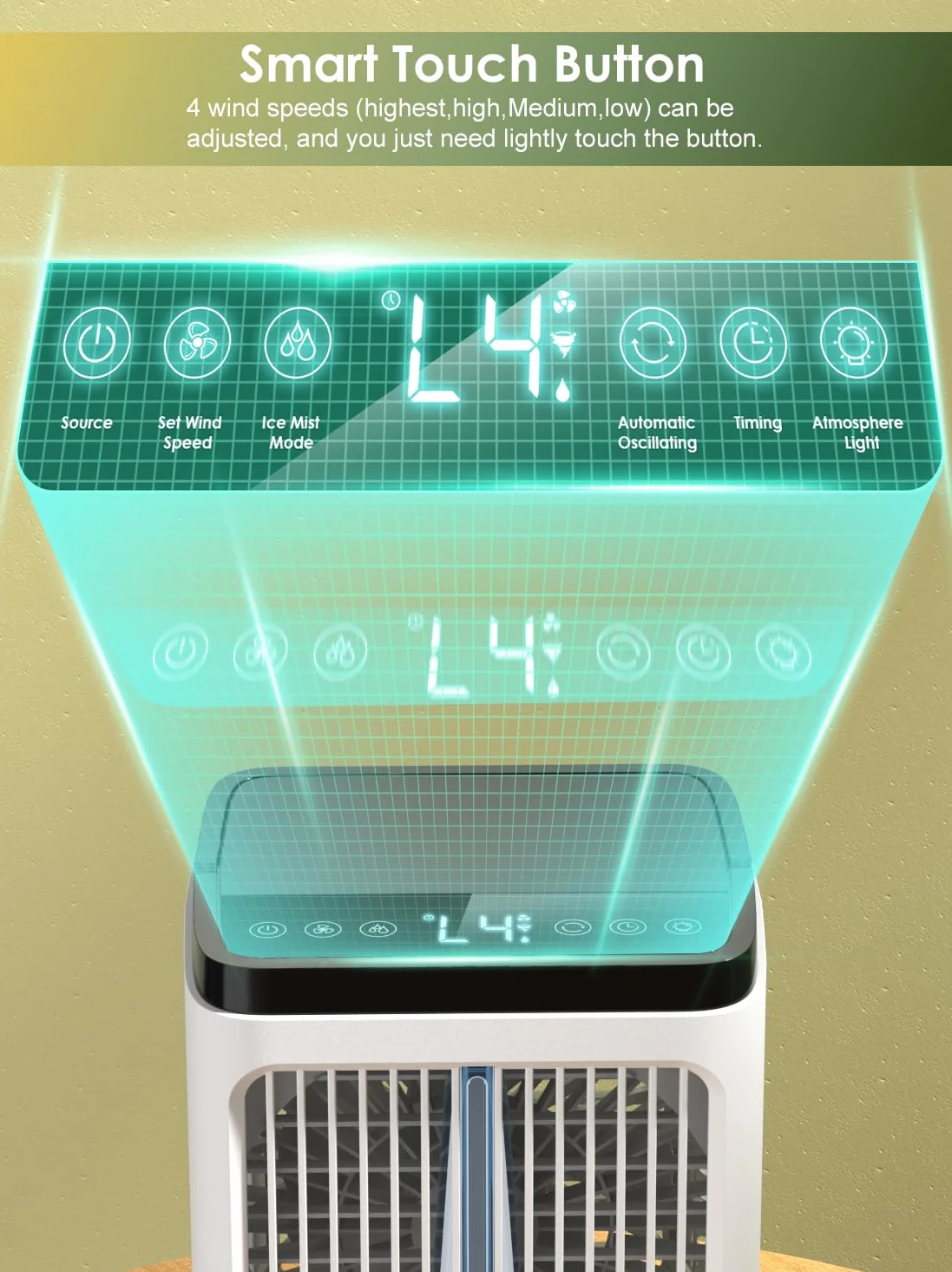 Przenośny klimatyzator, przenośny klimatyzator, wentylator USB, 4 prędkości, 2 tryby, kolorowe światła, oscylacja 90°, 1200 ml
