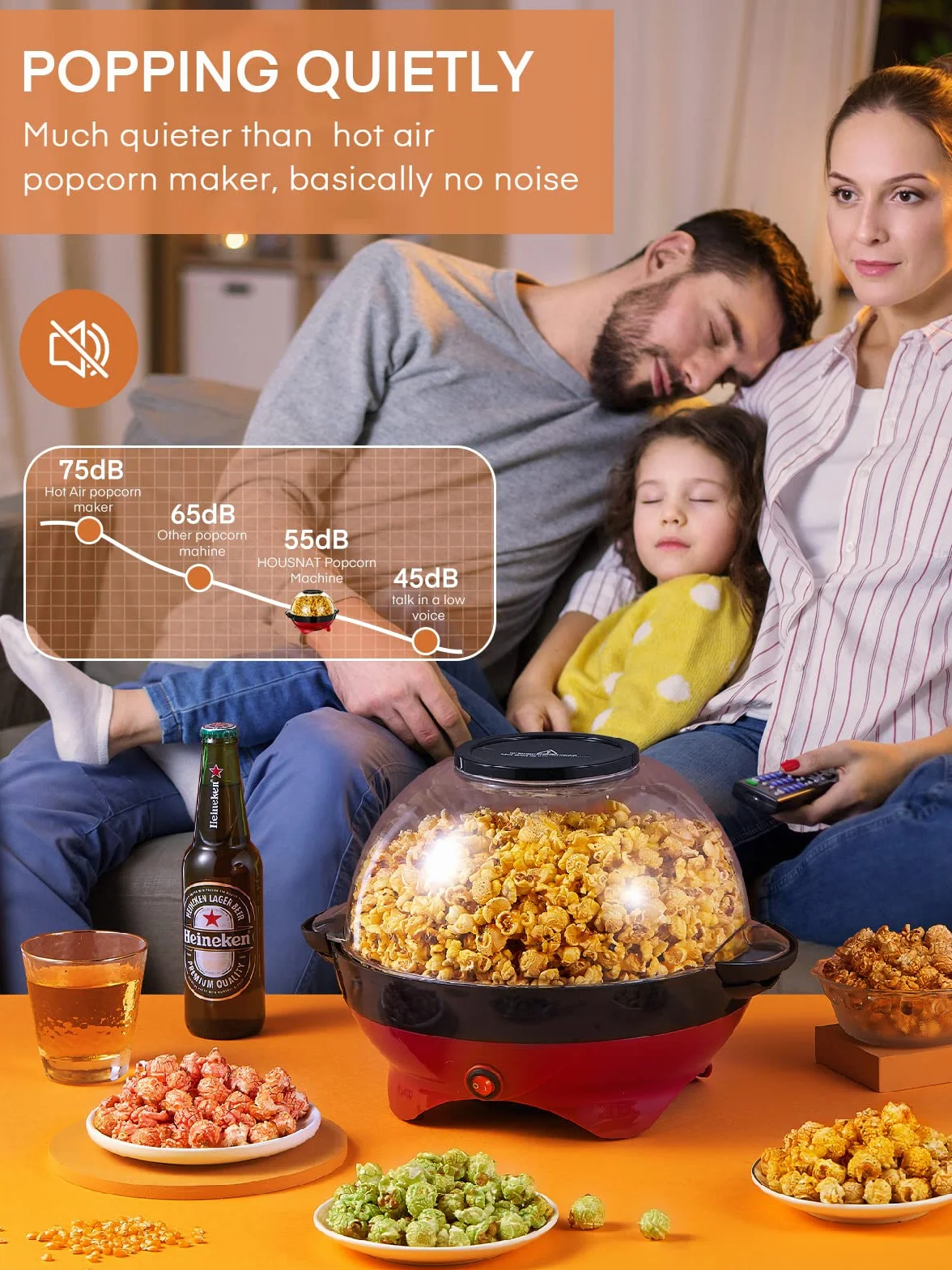 HOUSNAT maszyna do popcornu, duża pojemność 5,5 l, 800 W, z powłoką zapobiegającą przywieraniu i zdejmowaną powierzchnią grzewczą, cicha i szybka