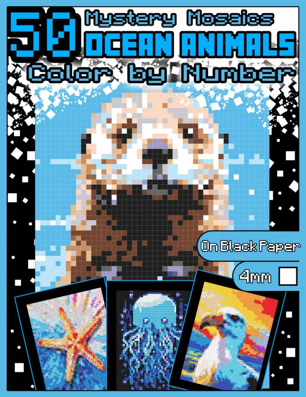 Mystery Mosaics Color by Number: 50 Ocean Animals: Pixel Art Coloring Book with Dazzling Hidden Ocean Animals, Color Quest on Black Paper, Extreme ... Color by Number Sealife|4mm Squares|: 4