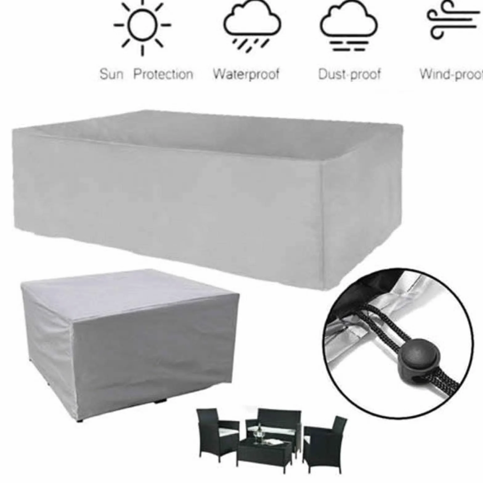 Pokrowce na meble ogrodowe, prostokątne, 150 x 100 x 75 cm, na zewnątrz patio rattanowa narzuta na sofę, anty-UV pokrowiec na sofę ogrodową, odporne na rozdarcia pokrowce ochronne na krzesło stołowe, na zewnątrz, kolor srebrno-szary