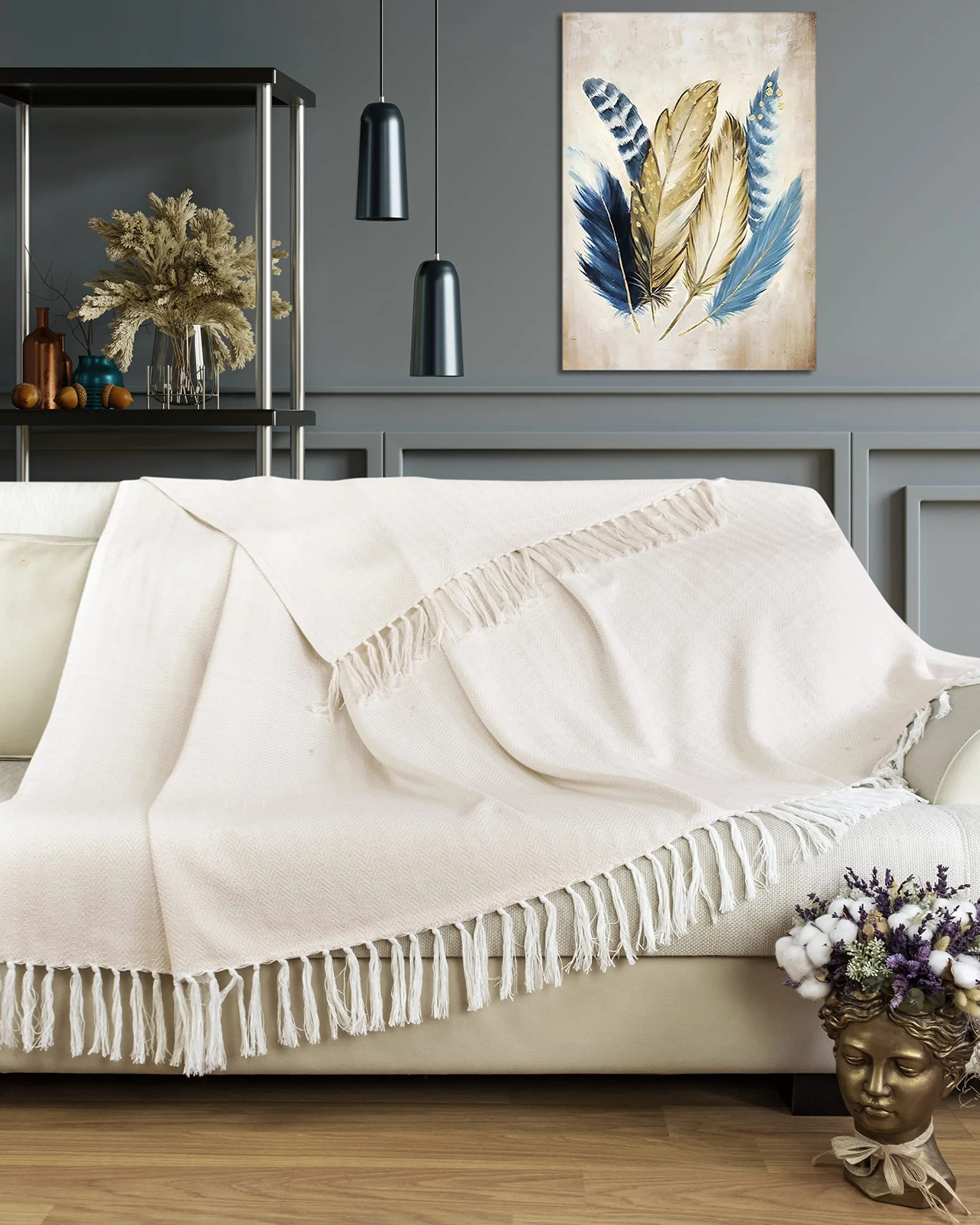 Gräfenstayn Narzuta klasy premium z frędzlami, XXL, 100% bawełna, wzór w jodełkę, koc, na lato, na łóżko, na kanapę, na sofę, 220 x 240 cm, kremowa