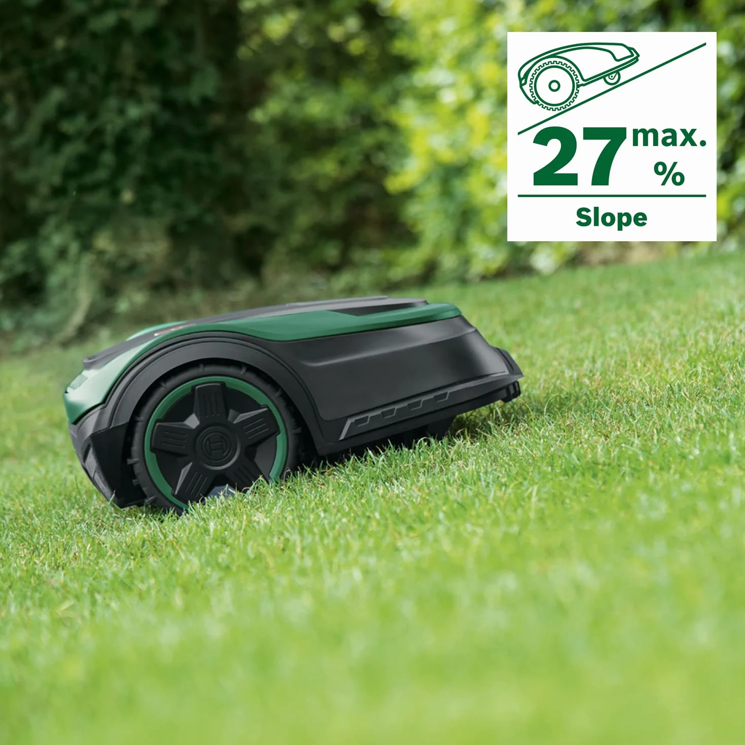 Bosch Home and Garden automatyczna kosiarka trawnikowa Indego S+ 500 (z akum. 18V i funkcją aplikacji, stacja ładująca w zestawie, szer. koszenia 19cm, do trawników o powierzchni do 500m², w kartonie)