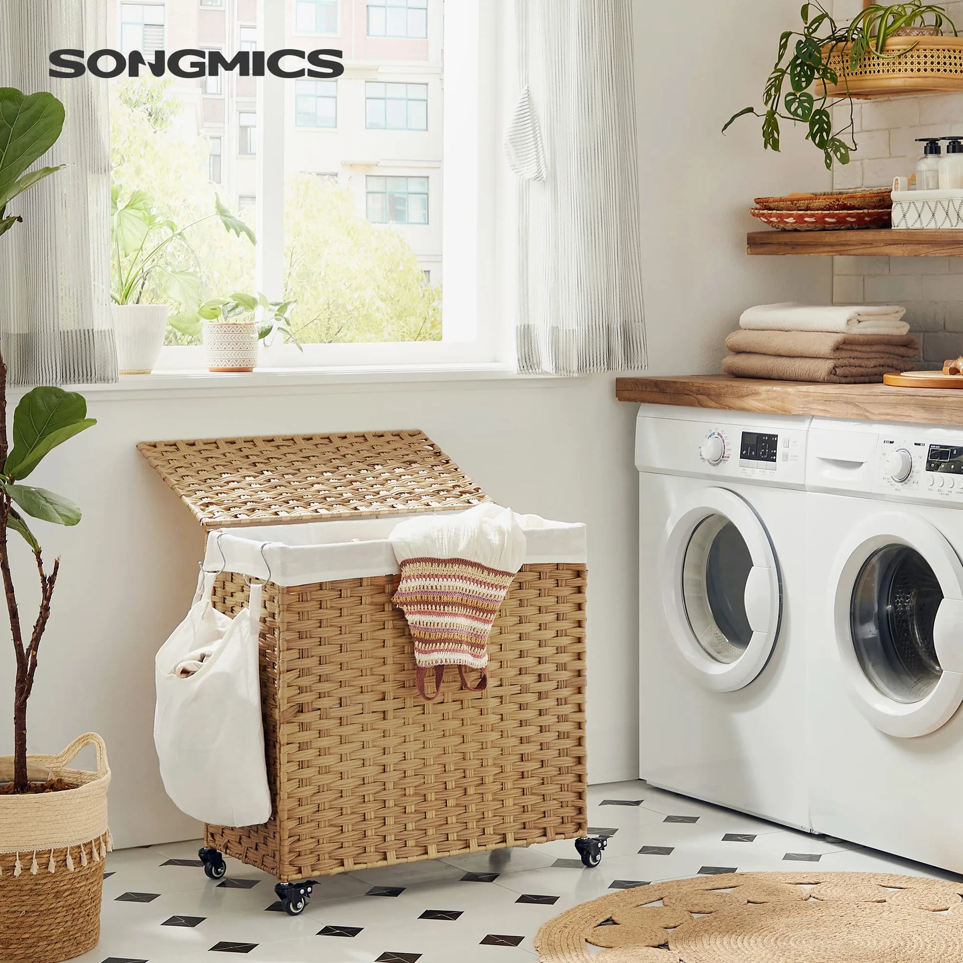 SONGMICS Ręcznie tkany kosz na bieliznę, 140 l, imitacja rattanu, 3 części, zdejmowana torba, pokrywa, uchwyty, łatwy montaż, salon, łazienka, 66 x 33 x 60 cm, kolor drewna LCB363N01