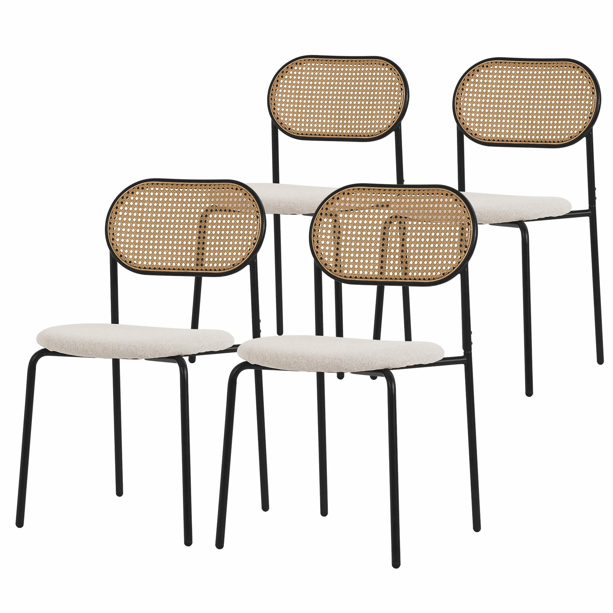ML-Design zestaw 4 bezowych krzesel do jadalni, krzesla kuchenne z rattanowym oparciem, krzesla tapicerowane z zakrzywionym oparciem z siatki metalowymi nogami, krzesla tapicerowane bez podlokietników