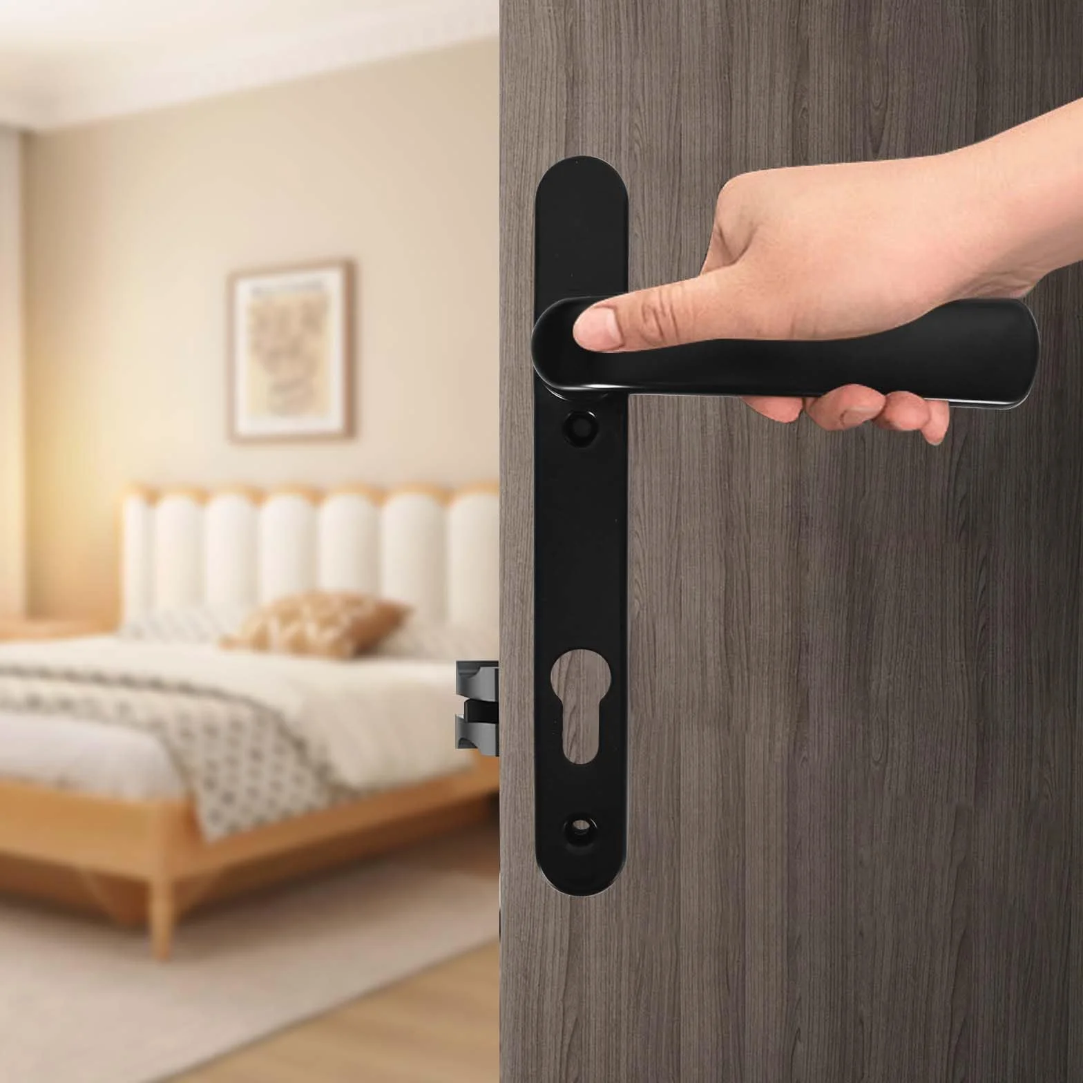 Dokeno Zestaw klamek do drzwi UPVC 92 mm, rozstaw otworów na śruby 210 mm, czarny uchwyt przedni z tworzywa UPVC, lewy i prawy uchwyt do drzwi zewnętrznych