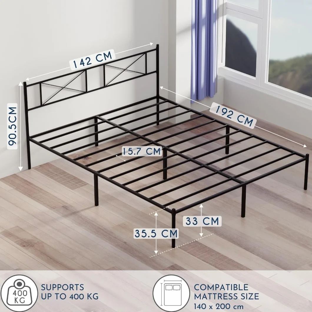 Rama łóżka Dreamzie 140x200 - Łóżko metalowe z zagłówkiem - Wysokość 35 cm - Łatwy montaż i przestrzeń do przechowywania