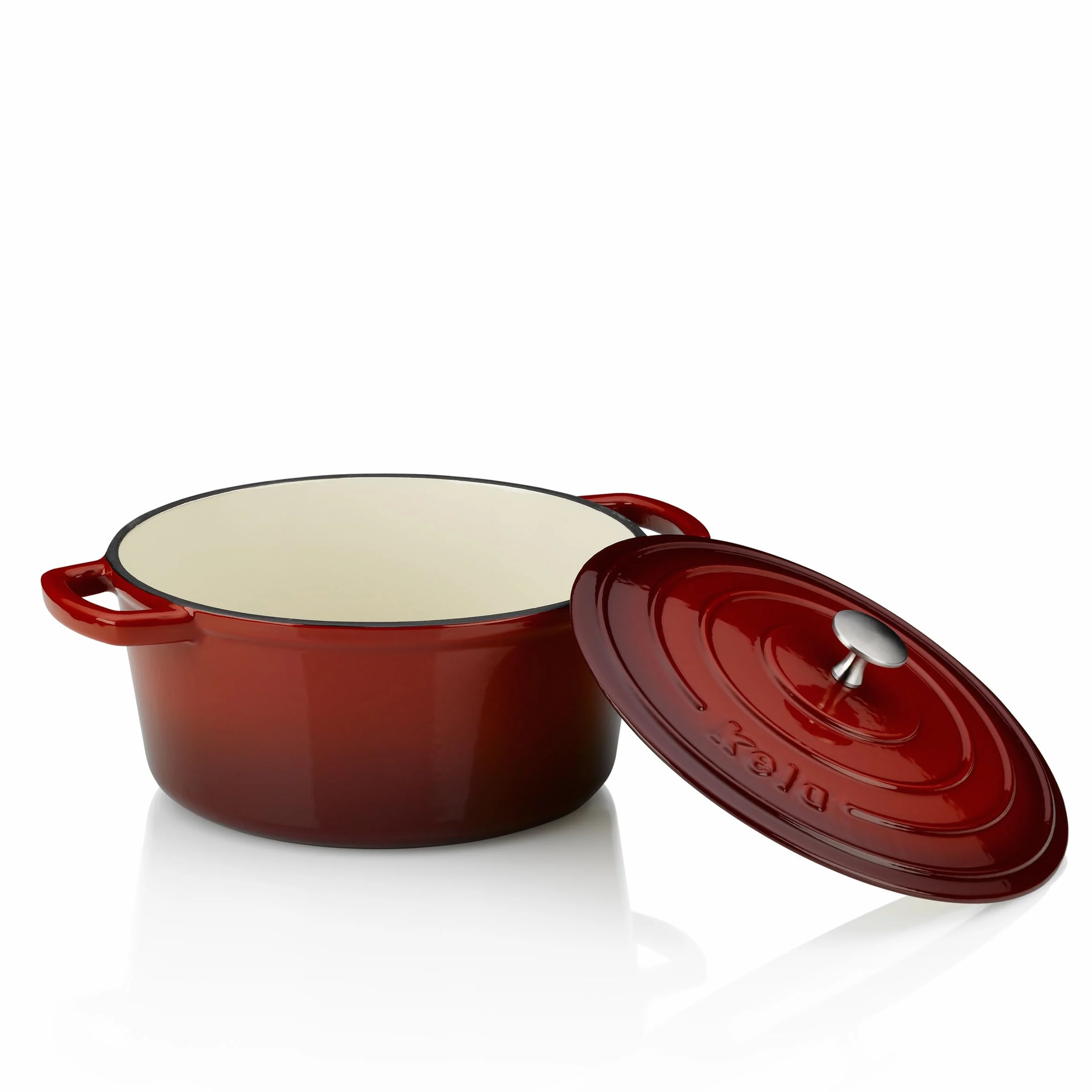 Kela Calido 11948 Brytfanna z Pokrywką, Żeliwo, Powłoka Emaliowana, Wysoki Poziom Akumulacji Ciepła, Nadaje Się do Płyt Indukcyjnych, 5 L, Czerwony, Okrągły