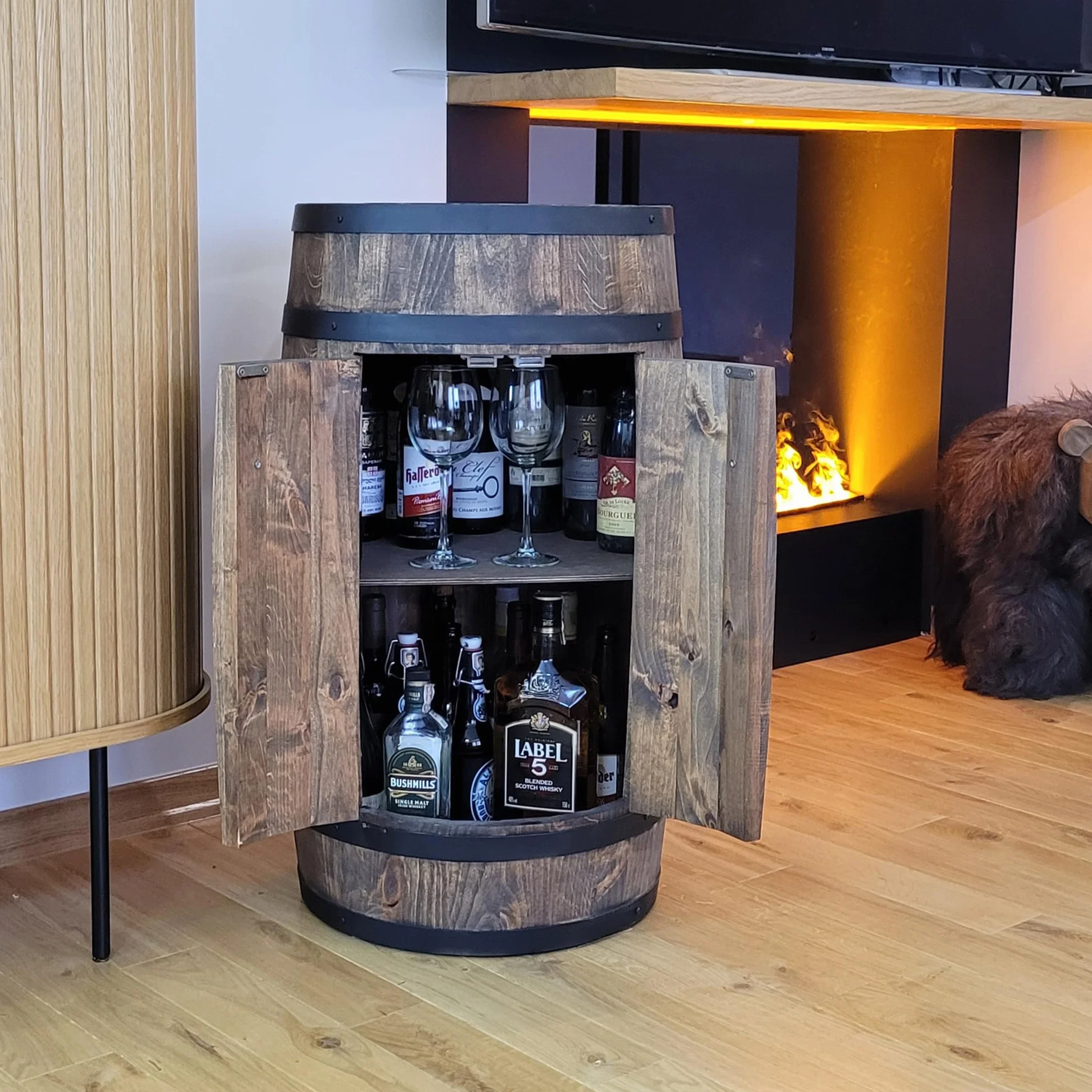 Barek z 2 drzwiczkami, drewniana beczka XL na wino – ręcznie robiony regał na butelki bar vintage, szafka na whisky, piwo, wino, prezent dla mężczyzny
