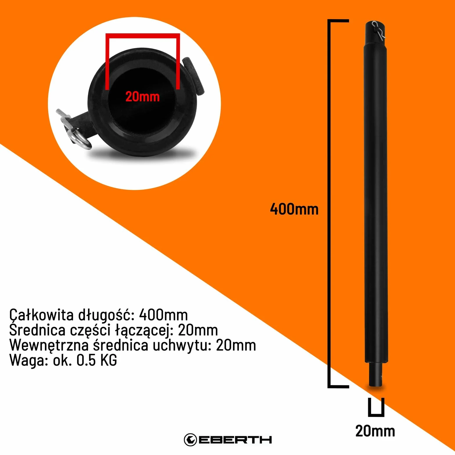 EBERTH Przedłużenie wiertła do wiertnic ziemnych, wierteł ogrodowych, stali, długość 400 mm, średnica mocowania 20 mm, lakierowane na czarno, nierdzewne, połączenie wtykowe z bolcem zabezpieczającym