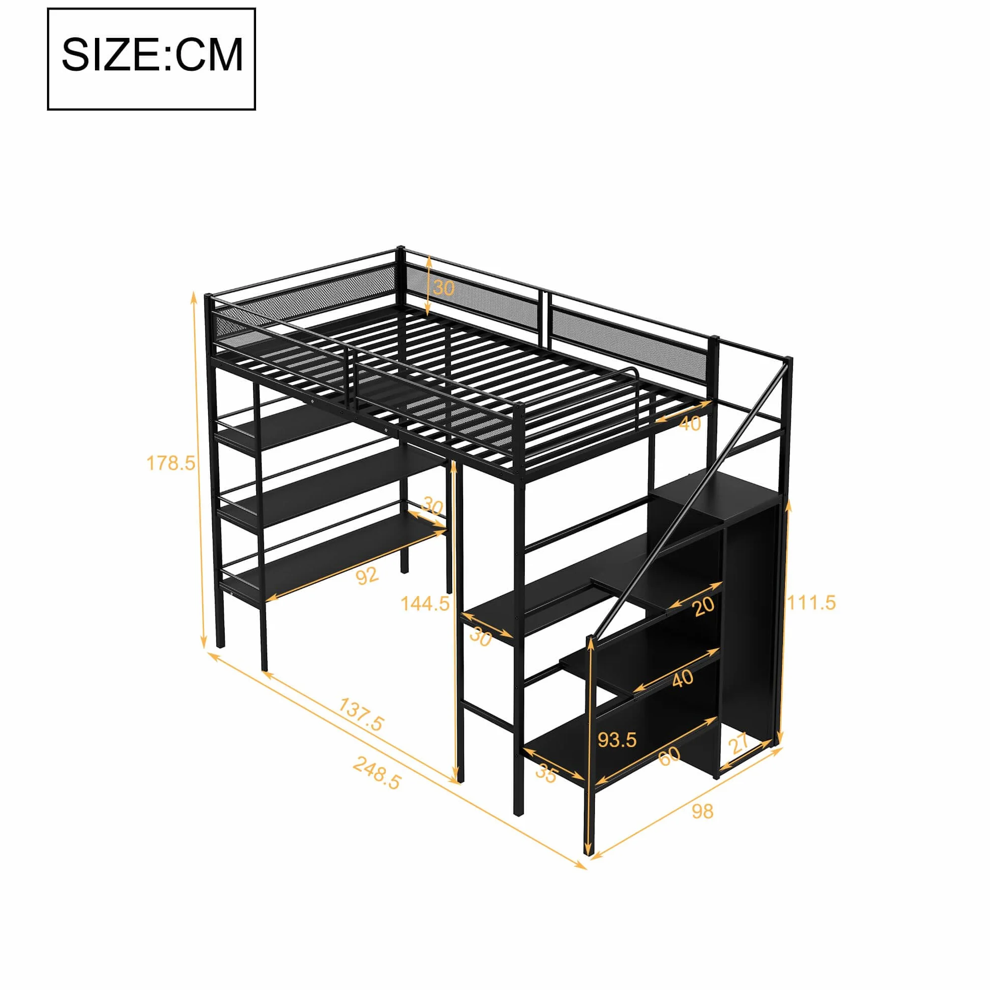 Łóżko piętrowe metalowe 90 x 200 cm, biurko i szafa na ubrania, łóżko piętrowe z półką i schodami, rama łóżka z miejscem do przechowywania, łóżko dla dzieci i młodzieży, czarne