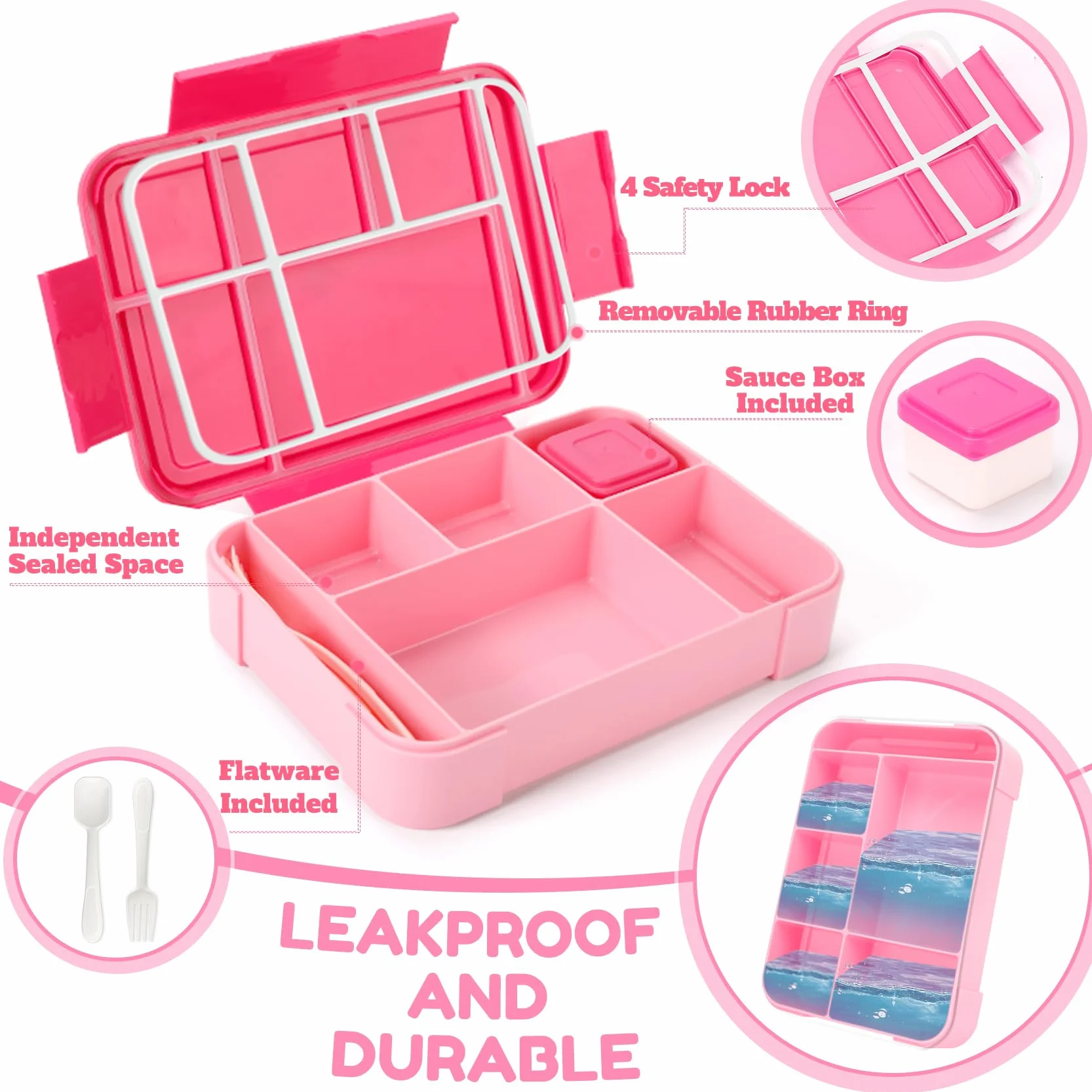 WECUTE Pudełko śniadaniowe dla dzieci, 1330 ml Bento Box Pudełko na lunch dla dzieci i dorosłych z 5 przegródkami i sztućcami Plastikowe pudełko na lunch pudełko na żywność bez BPA, do mikrofalówki